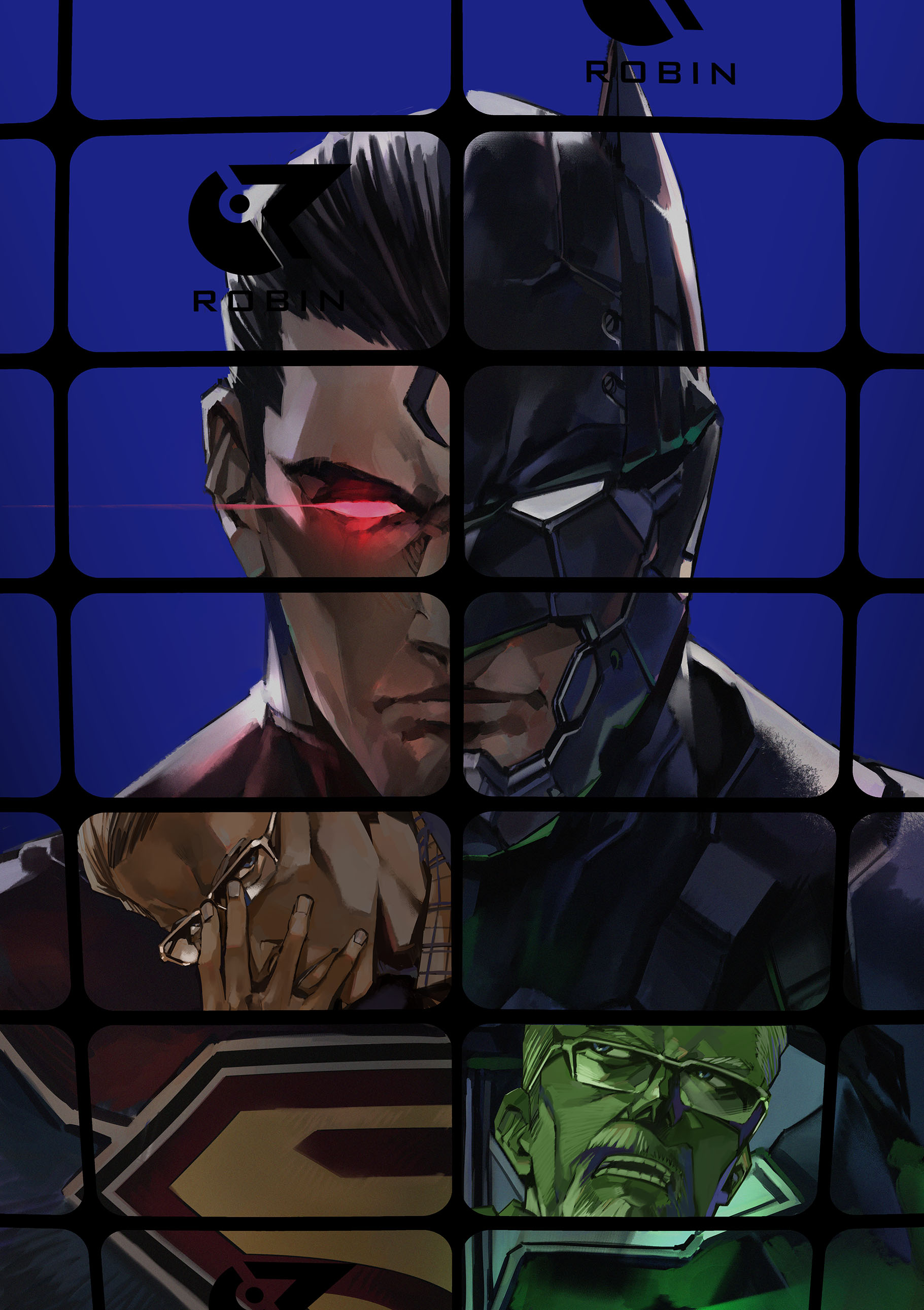 4boys absurdres adjusting_eyewear batman batman_(series) batman_justice_buster beard black_hair cover cover_page dc_comics facial_hair glasses glowing glowing_eye hair_slicked_back hand_on_eyewear highres looking_at_viewer looking_up male_focus manga_cover mask multiple_boys mustache official_art red_eyes shimizu_eiichi shimoguchi_tomohiro split_theme straight-on superhero_costume superman