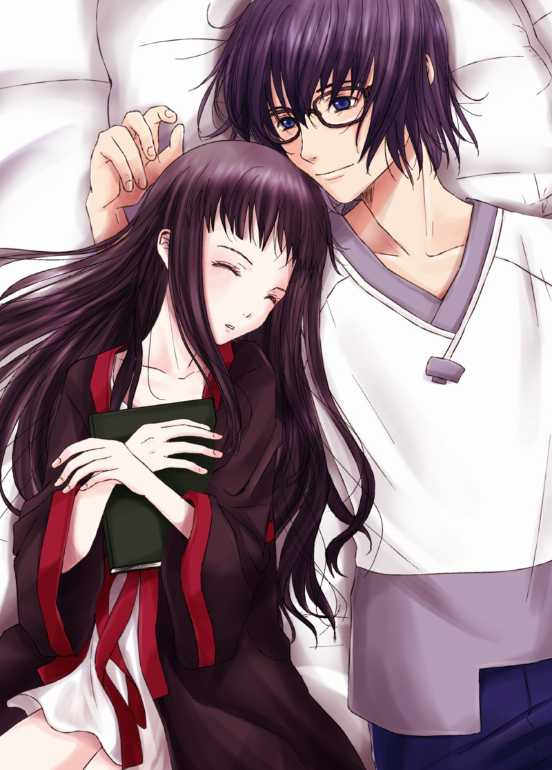 1boy 1girl ar_tonelico ar_tonelico_ii black_hair blue_eyes book chroah_vatel glasses inumori_sayaka jakuri_(ar_tonelico) long_hair lying_on_person purple_hair short_hair sleeping smile