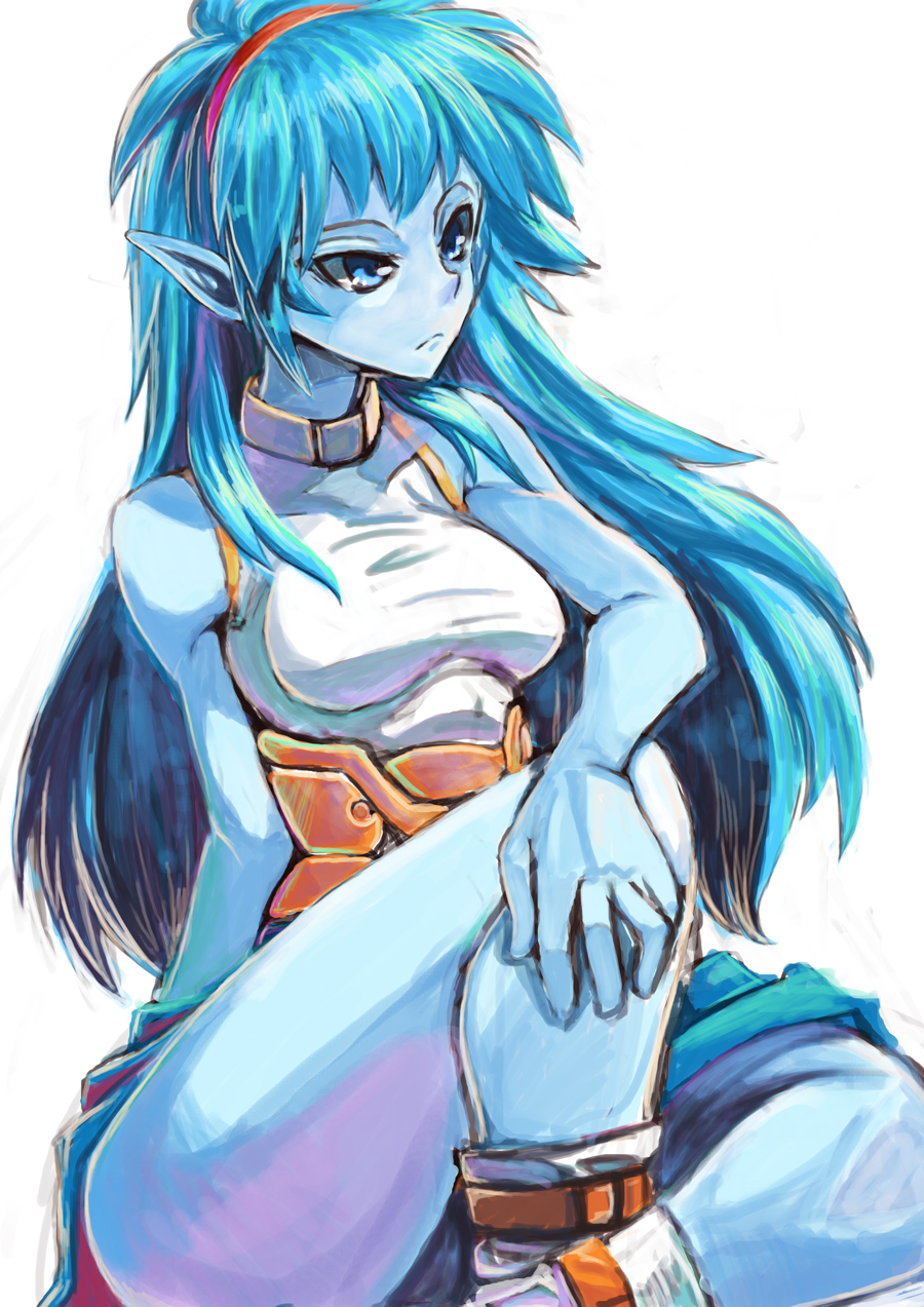 00s 1girl blue_hair blue_skin celsius celsius_(tales) colored_skin female_focus hairband highres long_hair looking_away pointy_ears sitting sleeveless solo tales_of_(series) tales_of_eternia tsunemi_aosa