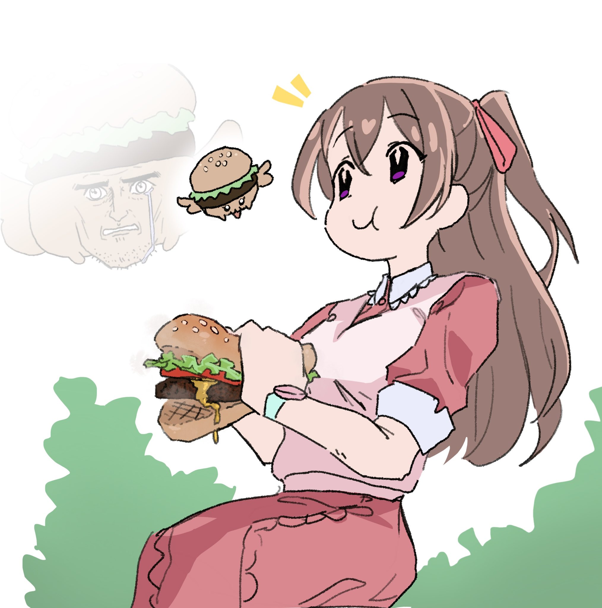 1girl bare_arms brown_hair burger closed_mouth collared_shirt delicious_party_precure eating fairy ffgghhjj food frilled_skirt frilled_sleeves frills grass hair_ornament hair_ribbon highres holding holding_food long_hair long_skirt long_sleeves nagomi_yui on_ground oversized_food oversized_object parted_bangs pink_skirt pink_vest precure recipipi ribbon shirt sitting skirt solo solo_focus twintails vest wristband