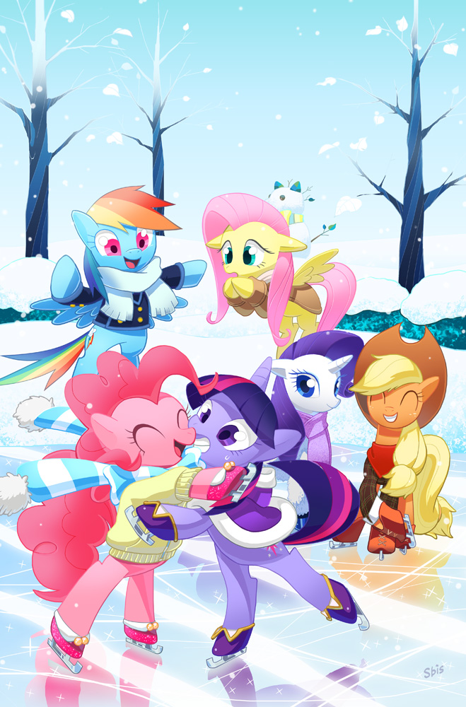 animal applejack blonde_hair brass_stars clothed_animal comic_cover commentary_request fluttershy hooves horse ice_skates ice_skating long_hair mane_six_(my_little_pony) multicolored_hair my_little_pony my_little_pony:_friendship_is_magic my_little_pony_(idw) no_humans official_art outdoors pegasus pink_hair pinkie_pie pony_(animal) purple_hair rainbow_dash rainbow_hair rarity_(my_little_pony) rearing scarf skates skating snow snowman tail twilight_sparkle unicorn wings winter