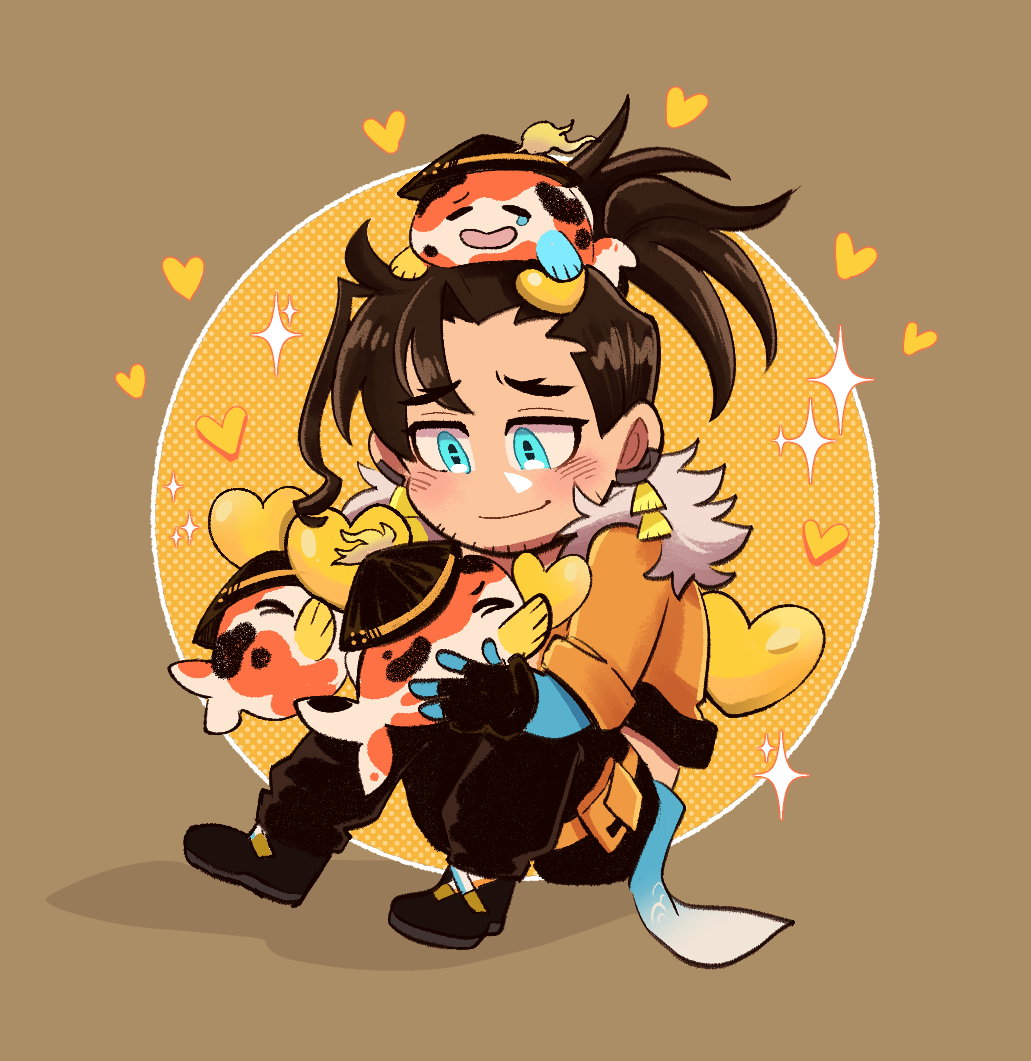 1boy animal animal_on_head beard_stubble black_hair blue_eyes blush brown_background chibi chibi_only collar commentary earrings english_commentary facial_hair fish fur-trimmed_jacket fur_trim gloves heart holding holding_animal holostars holostars_english jacket jewelry josuiji_shinri knees_up koi koipanion_(josuiji_shinri) long_hair male_focus on_head orange_collar orange_jacket polka_dot polka_dot_background ponytail sitting smile sparkle starmite188 stubble tassel tassel_earrings virtual_youtuber yellow_background