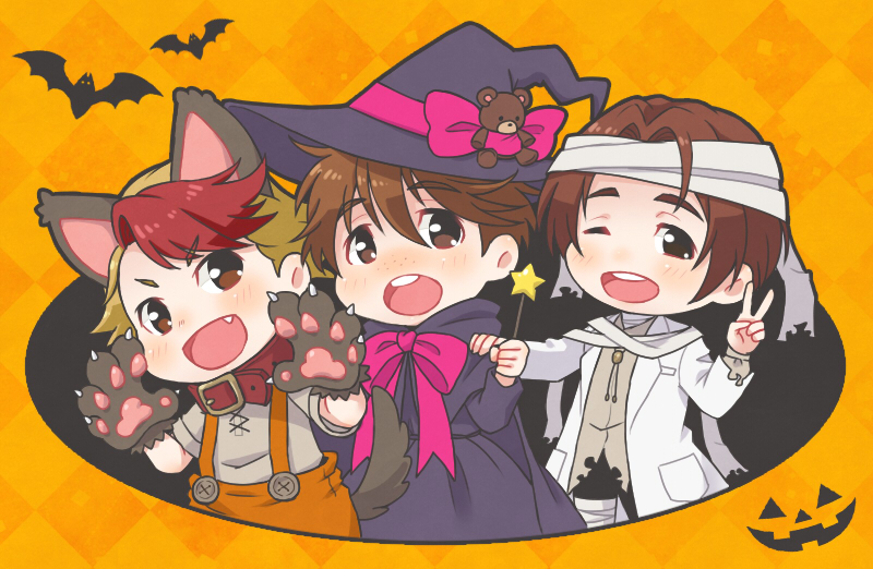 &gt;:d 3boys :d ;d animal_ears animal_hands bandages bat_(animal) blonde_hair bow brown_eyes brown_hair collar fang freckles gloves halloween hat hat_bow ji_guang-hong leo_de_la_iglesia male_focus minami_kenjirou multicolored_hair multiple_boys one_eye_closed open_mouth paw_gloves red_hair ruei_(chicking) smile stuffed_animal stuffed_toy suspenders tail teddy_bear two-tone_hair v v-shaped_eyebrows wand witch_hat wolf_ears wolf_paws wolf_tail yuri!!!_on_ice