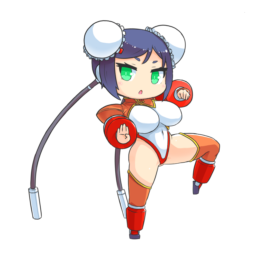 1girl arcana_heart black_footwear blue_hair breasts bun_cover chibi clenched_hand fighting_stance full_body green_eyes large_breasts leotard looking_at_viewer mei-fang navel open_mouth pecka short_hair shrug_(clothing) simple_background solo standing standing_on_one_leg white_background