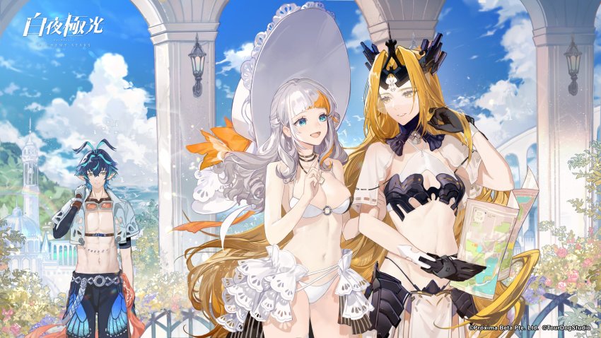1boy 2girls abs alchemy_stars antenna_hair armor artist_request bare_shoulders beverly_(alchemy_stars) beverly_(armor_of_grandeur)_(alchemy_stars) bikini bikini_armor black_male_swimwear black_swim_trunks blonde_hair blue_eyes blue_male_swimwear blue_swim_trunks breasts building cleavage cloud company_name copyright_name copyright_notice cropped_jacket crown fence flower gloves goggles goggles_on_head grey_hair hair_intakes hat holding holding_map jewelry long_hair looking_at_another luke_(alchemy_stars) luke_(forest_butterfly)_(alchemy_stars) male_swimwear map medium_breasts ms._blanc_(alchemy_stars) ms._blanc_(oceanic_splendor)_(alchemy_stars) multicolored_hair multicolored_male_swimwear multicolored_swim_trunks multicolored_swimsuit multiple_girls navel necklace o-ring o-ring_top official_art open_mouth outdoors pillar pointy_ears print_male_swimwear print_swim_trunks print_swimsuit rainbow short_hair smile standing sun_hat swim_trunks swimsuit tower tucking_hair two-tone_hair veil very_long_hair wall_lamp white_bikini white_headwear wing_print yellow_eyes