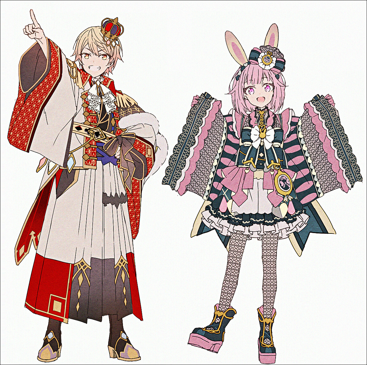 1boy 1girl :d adapted_costume animal_ears arm_up black_boots black_kimono blonde_hair boots brown_boots crown gloves grey_background grey_jacket grey_kimono grin hair_between_eyes hakusai_(tiahszld) jacket japanese_clothes kimono long_sleeves mini_crown ootori_emu open_clothes open_jacket open_mouth outstretched_arm pantyhose pinching_sleeves pink_gloves pink_hair pink_kimono pointy_ears project_sekai purple_eyes rabbit_ears red_eyes revision simple_background sleeves_past_wrists smile standing standing_on_one_leg tenma_tsukasa tilted_headwear v-shaped_eyebrows wide_sleeves wonder_magical_showtime!_(project_sekai)