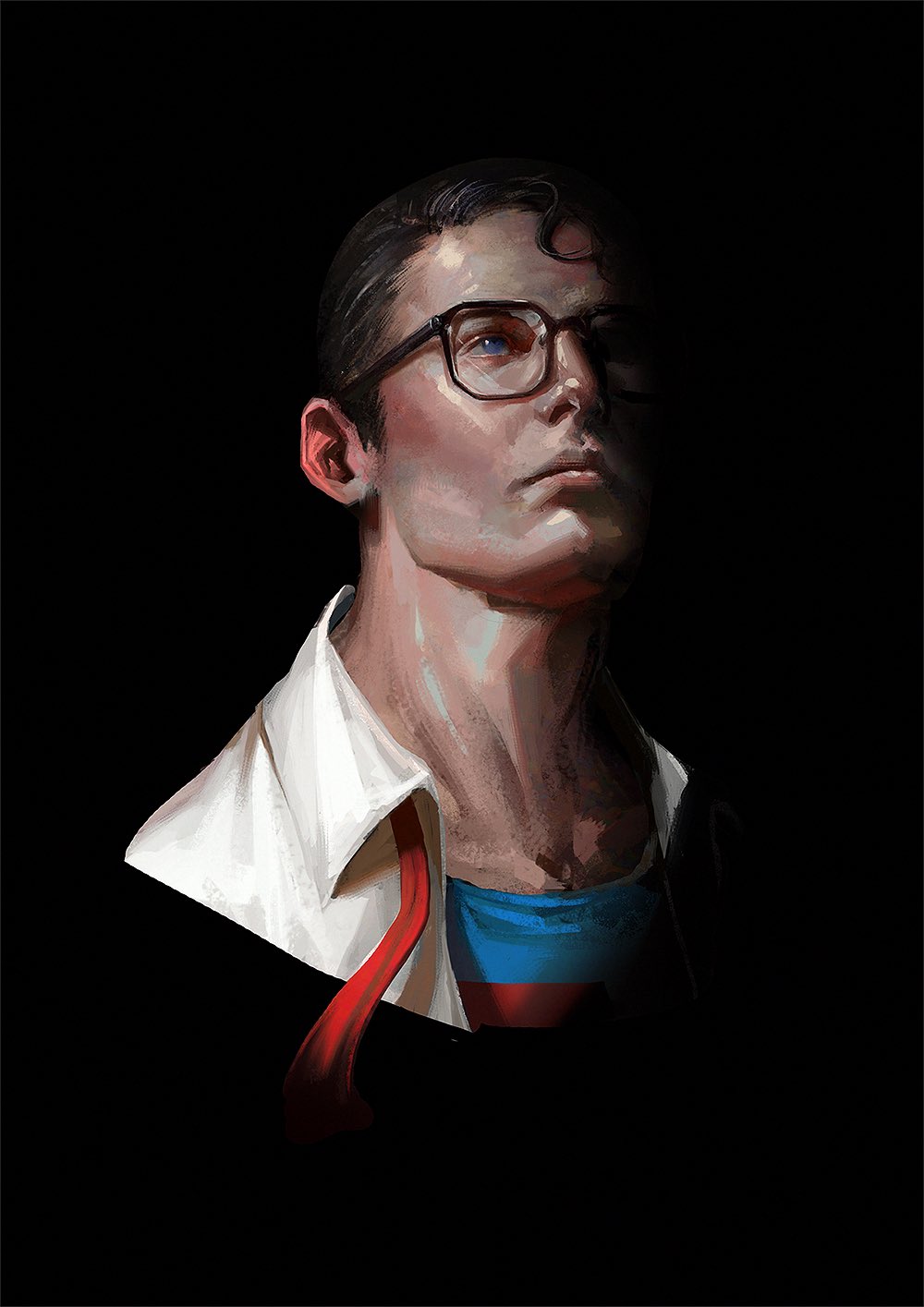 1boy black-framed_eyewear black_background black_hair blue_eyes clark_kent closed_mouth collared_shirt commentary_request crew_neck cropped_shoulders dc_comics glasses highres korean_commentary looking_up male_focus necktie open_clothes open_shirt realistic red_necktie shirt sideburns simple_background solo superhero_costume superman superman_(series) undone_necktie untitle white_shirt