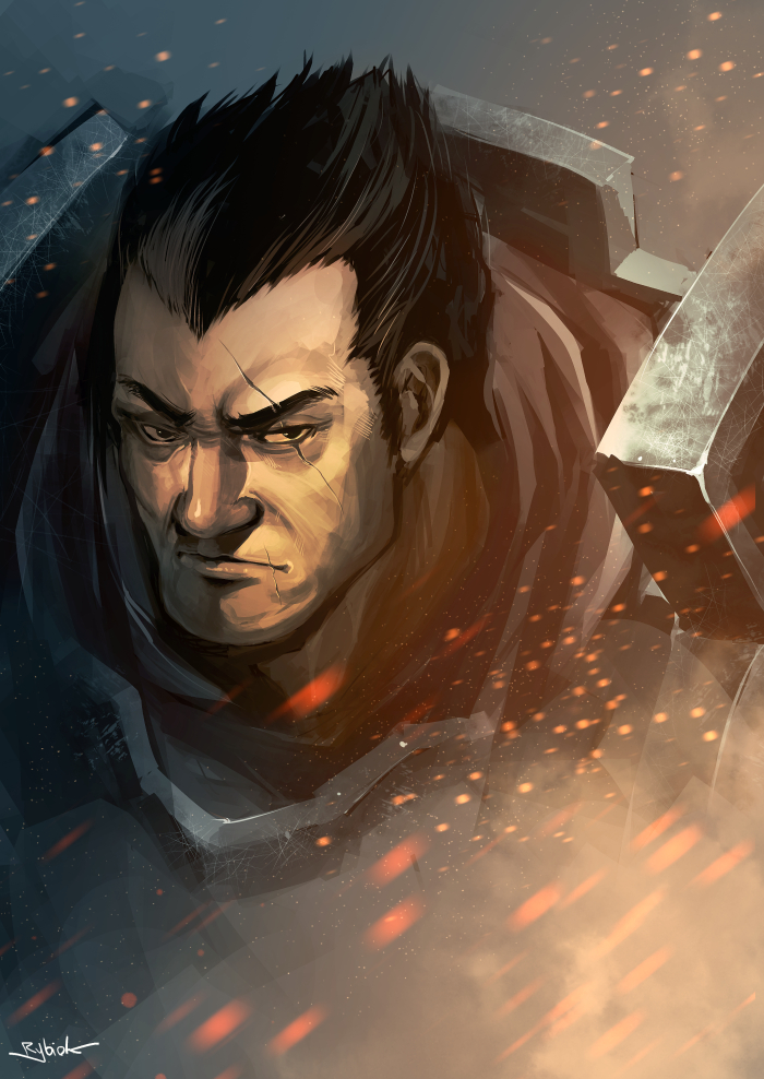 1boy armor artist_name black_eyes black_hair darius_(league_of_legends) league_of_legends looking_at_viewer male_focus mature_male rybiok scar scar_across_eye scar_on_face scar_on_mouth serious short_hair signature