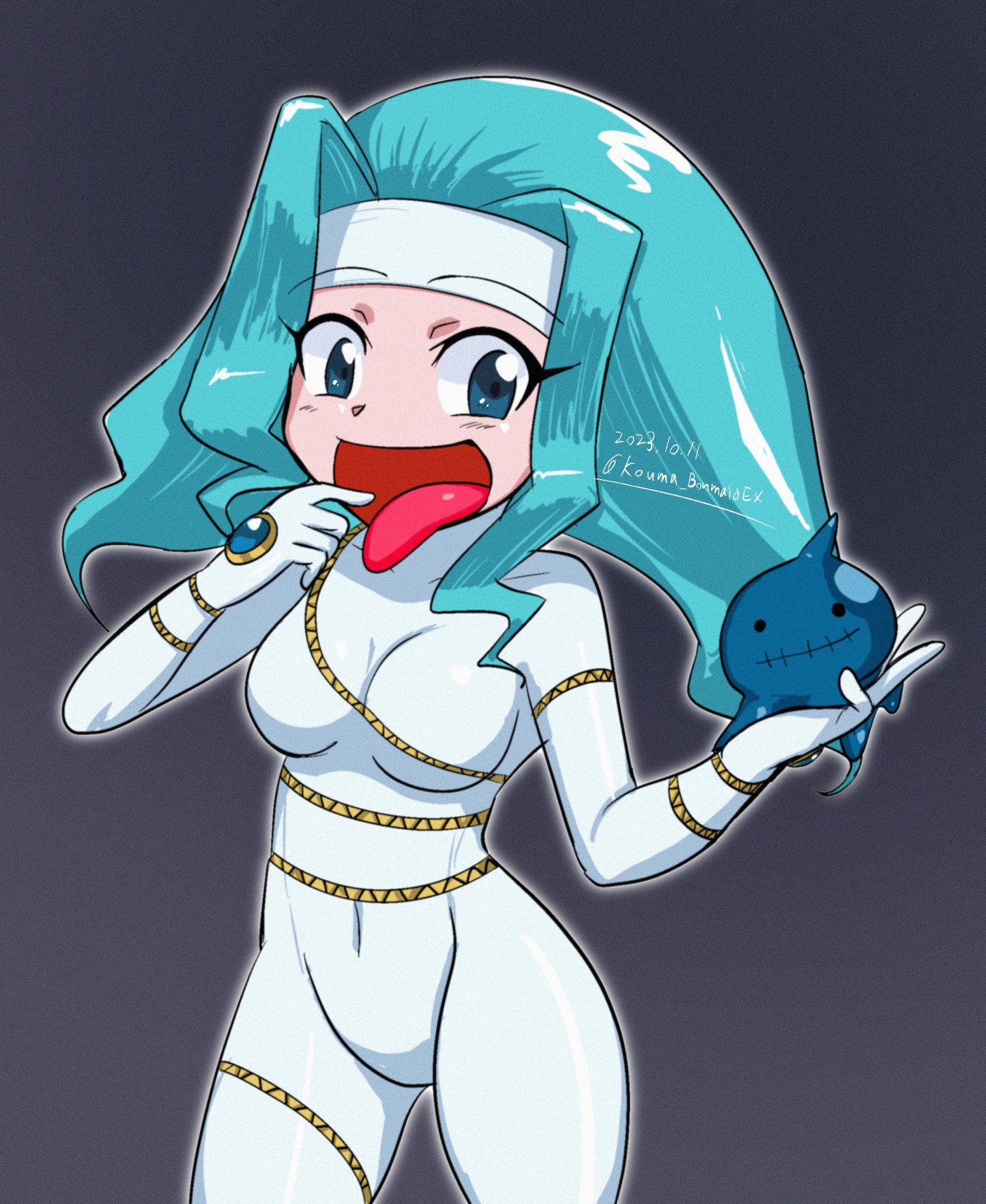 1girl 1other 2023 adapted_costume aqua_hair bare_shoulders blue_eyes bodysuit breasts cosplay curvy dated digimon digimon_xros_wars drippin_(digimon) elbow_gloves female_focus gloves happy heart highres kouma_bonmaid looking_at_viewer medium_breasts naughty_face ruka_(digimon) shiny_clothes smile splashmon splashmon_(cosplay) tongue tongue_out