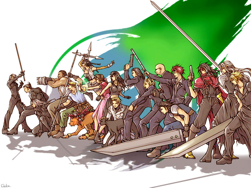 1990s_(style) 3boys 4boys 4girls aerith_gainsborough animal armor bald black_hair blonde_hair boots brown_hair cait_sith_(final_fantasy) cat cid_highwind cloud_strife dark_skin dress elena_(ff7) everyone final_fantasy final_fantasy_vii formal_clothes garakuta_(chika) gun kadaj long_hair loz multiple_boys multiple_girls polearm red_hair red_xiii reno_(ff7) retro_artstyle rude_(ff7) rufus_shinra sephiroth silver_hair simple_background spear standing suit sunglasses sword tifa_lockhart tseng turks_(ff7) turtleneck vincent_valentine weapon yazoo yuffie_kisaragi zack_fair