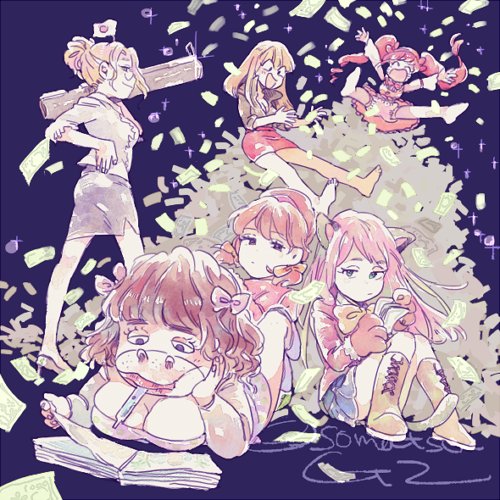 10s 6+girls animal_ears animal_hands bad_id bad_twitter_id blue_background boots cat_ears chibimi chibita dobusu_(osomatsu-san) extra fat genderswap genderswap_(mtf) gloves hair_ribbon hairband hashimoto_nyaa head_flag iyami iyayo lace-up_boots long_hair low_twintails lowres lying money multiple_girls on_stomach osomatsu-kun osomatsu-san osomatsu_(series) paw_gloves ponytail reading ribbon sasaki_(tpo_tpo) short_twintails simple_background smile tupet twintails yowai_totoko