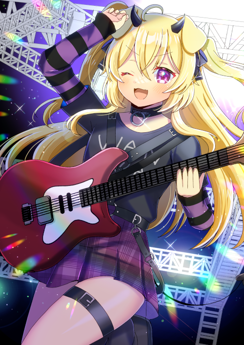 1girl ;d animal_ears arm_up black_bow black_collar black_shirt black_shoes black_socks bow cerber_(vtuber) collar commentary_request commission demon_girl demon_horns demon_tail dog_ears electric_guitar guitar hair_between_eyes hair_bow holding holding_instrument horns indie_virtual_youtuber instrument kou_hiyoyo layered_sleeves long_hair long_sleeves looking_at_viewer one_eye_closed open_mouth plaid_clothes plaid_skirt pleated_skirt purple_skirt shirt shoes short_over_long_sleeves short_sleeves skeb_commission skirt sleeves_past_wrists smile socks solo tail thigh_strap two_side_up v-shaped_eyebrows very_long_hair virtual_youtuber