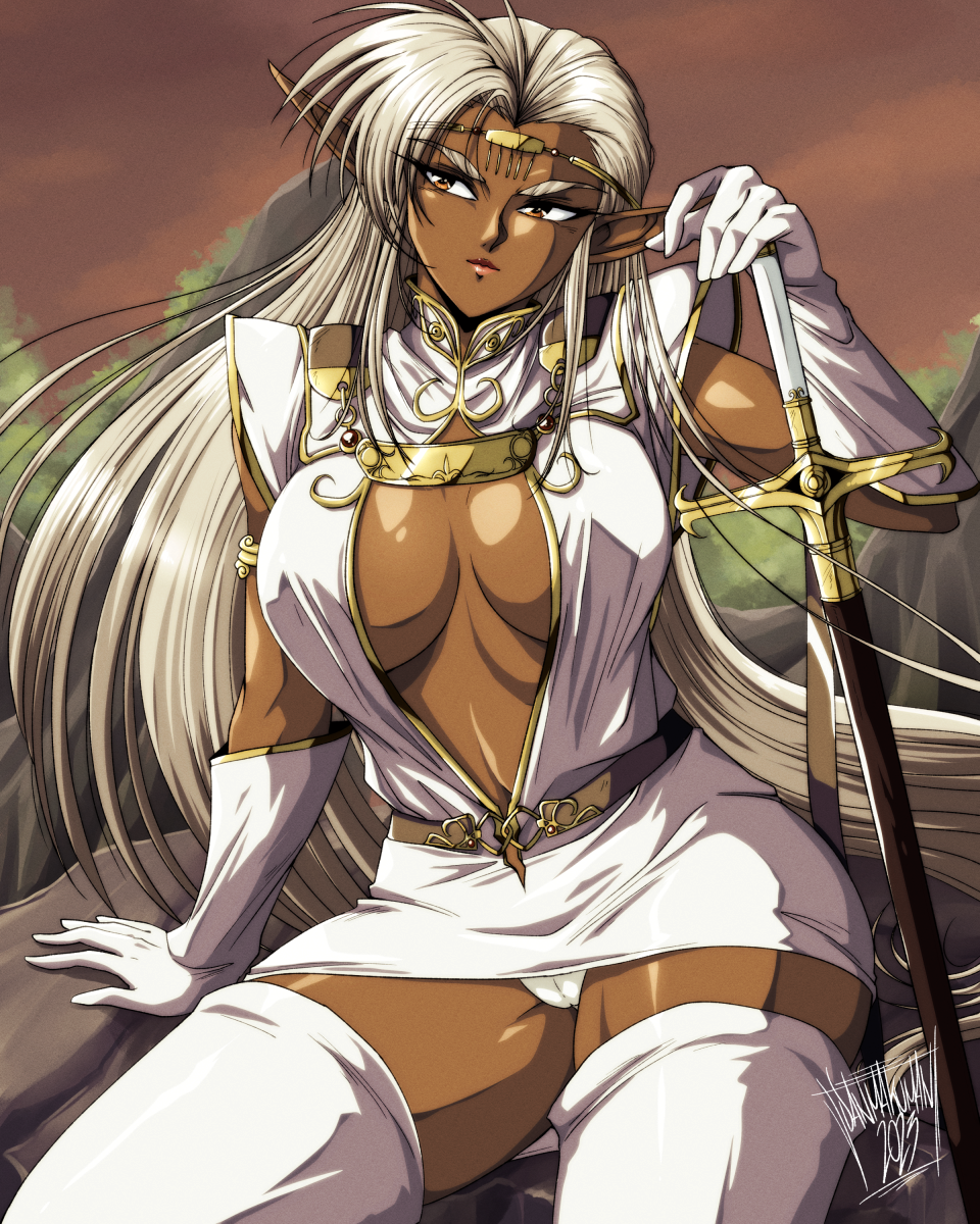 1980s_(style) 1girl arm_support armlet artist_name belted_dress boots breasts brown_eyes circlet cleavage collared_dress commentary danmakuman dark-skinned_female dark_elf dark_skin dress elbow_gloves elf english_commentary female_focus gloves hand_on_sword highres holding holding_sword holding_weapon jewelry large_breasts long_hair navel official_style oldschool outdoors panties pantyshot pencil_dress pirotess plunging_neckline pointy_ears record_of_lodoss_war retro_artstyle rock scabbard sheath sheathed short_dress sitting sky sleeveless sleeveless_dress solo straight_hair sword thigh_boots thighhighs thighs tree underwear very_long_hair watermark weapon white_boots white_dress white_gloves white_hair white_panties white_thighhighs zettai_ryouiki