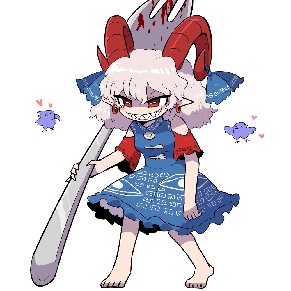 1girl bare_shoulders barefoot bird blood blue_dress blue_ribbon commentary_request detached_sleeves dress earrings evil_grin evil_smile frilled_dress frills full_body grey_hair grin hair_between_eyes holding holding_spork horn_ornament horn_ribbon horns jewelry kasugai_(de-tteiu) pointy_ears red_eyes red_horns red_sleeves ribbon shaded_face sharp_teeth sheep_horns short_hair short_sleeves simple_background sleeveless sleeveless_dress slit_pupils smile solo spork standing teeth touhou toutetsu_yuuma white_background