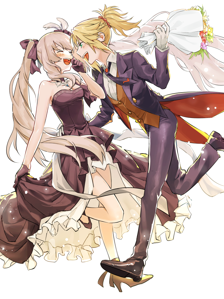 2girls bare_shoulders blonde_hair blush bow braid breasts choker cleavage closed_eyes commentary_request dashi_(minzoku_gb) dress fate/grand_order fate_(series) feathers flower formal_clothes frilled_dress frills gloves green_eyes hair_bow hair_ornament high_heels high_ponytail holding holding_unworn_clothes holding_unworn_dress jewelry long_hair long_sleeves marie_antoinette_(fate) marie_antoinette_(formal_dress)_(fate) medium_breasts mordred_(fate) mordred_(fate/apocrypha) mordred_(formal_dress)_(fate) multiple_girls necktie official_alternate_costume open_mouth ponytail purple_dress scrunchie simple_background skirt_hold standing standing_on_one_leg suit twintails very_long_hair vest waist_grab white_background yuri