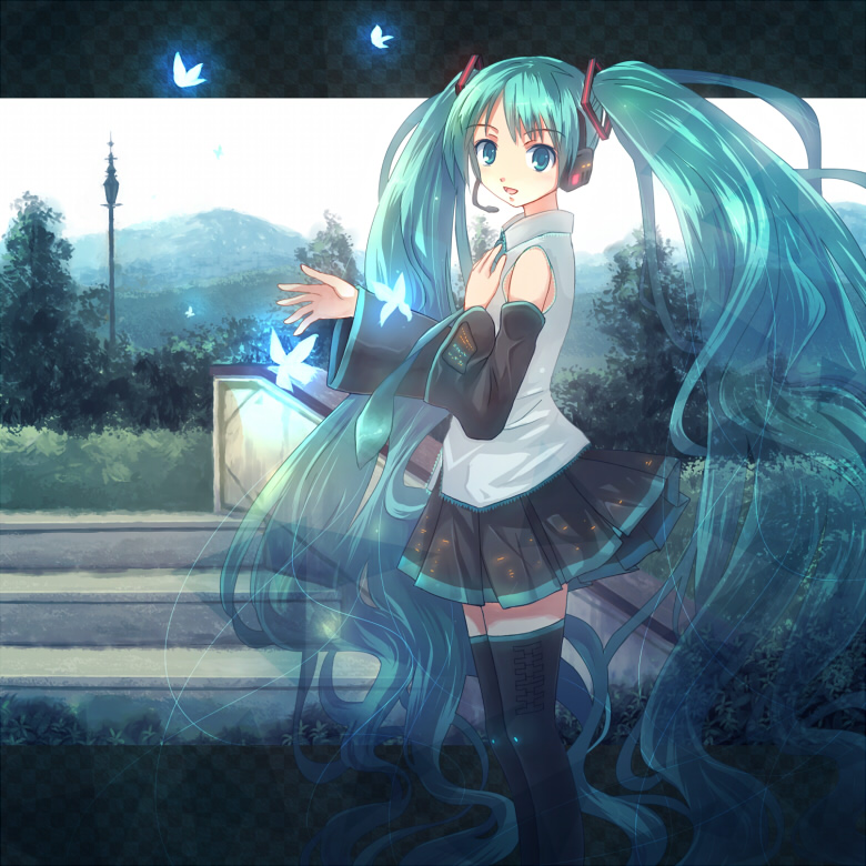 aqua_eyes aqua_hair bug butterfly detached_sleeves hatsune_miku headset insect long_hair necktie skirt solo thighhighs twintails very_long_hair vocaloid yakka zettai_ryouiki