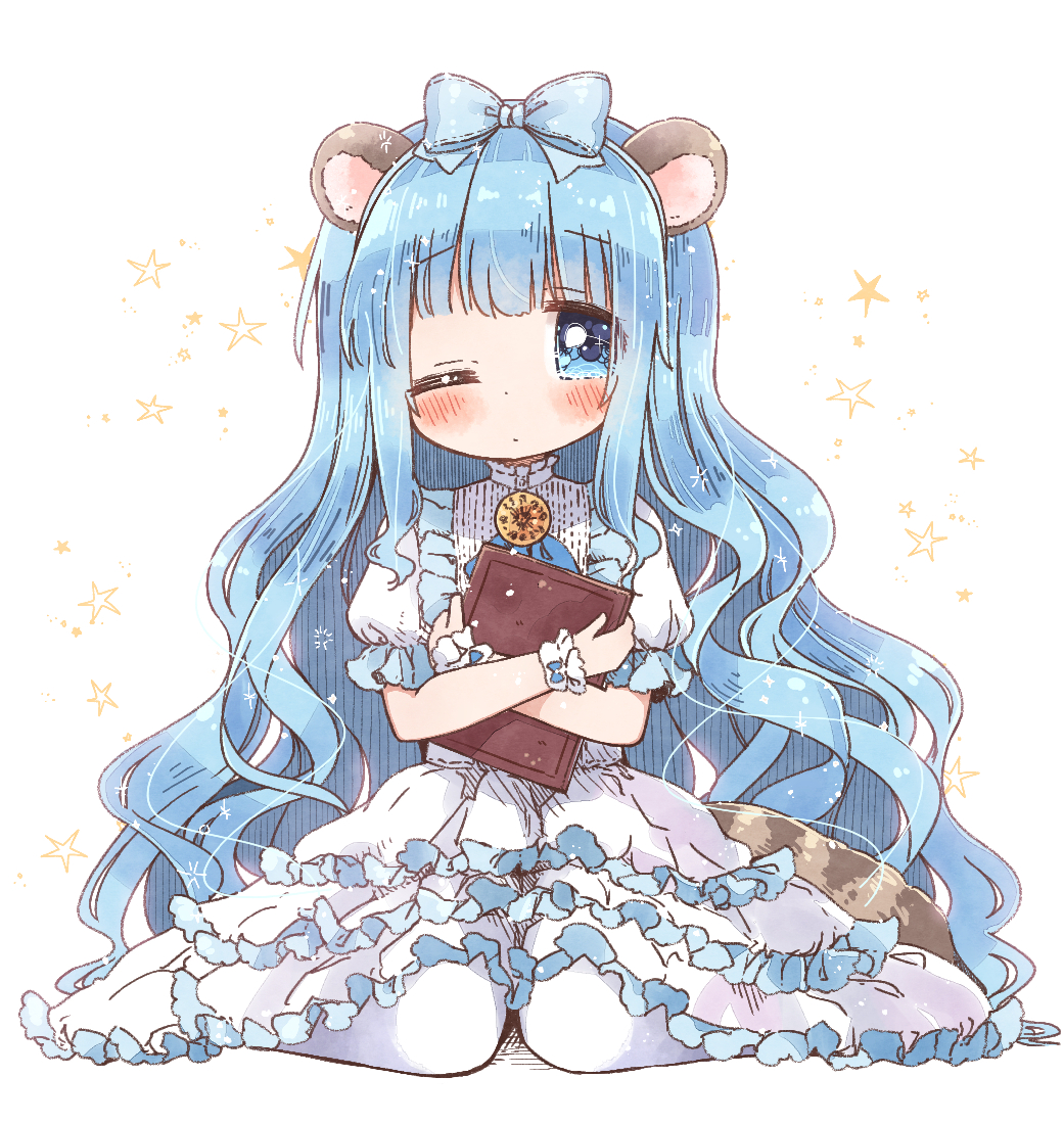 animal_ears blue_bow blue_frills blunt_bangs blush book bow dress frilled_dress frills hair_bow holding holding_book kirara_fantasia long_hair looking_at_viewer neko_satou one_eye_closed raccoon_ears raccoon_girl raccoon_tail salt_(kirara_fantasia) short_sleeves simple_background sitting solo sparkle star_(symbol) tail thighhighs very_long_hair wariza wavy_hair white_background white_dress white_thighhighs