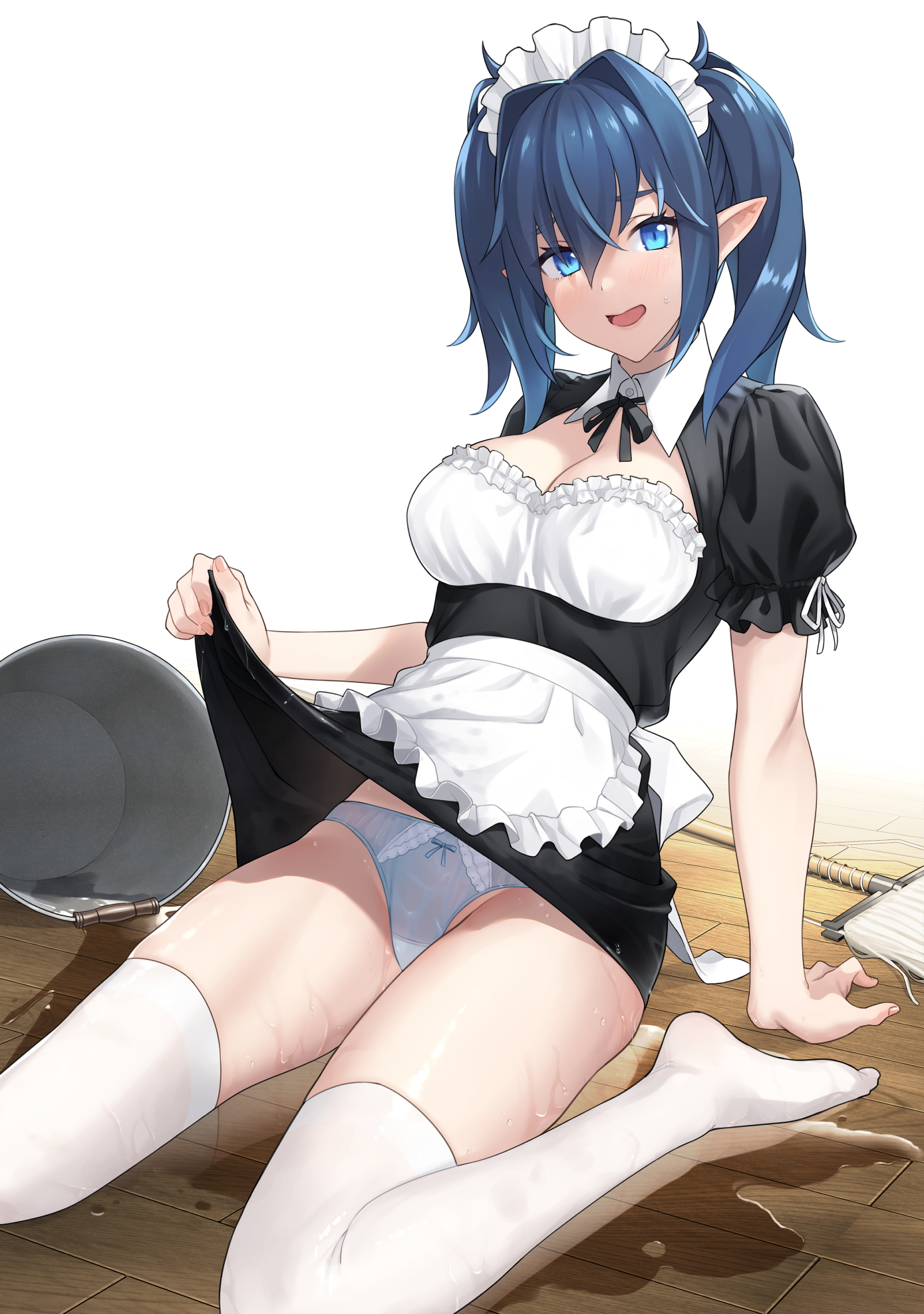 1girl apron arm_support black_neckwear black_ribbon black_skirt blue_eyes blue_hair blue_panties breasts broom cleavage clothes_lift commentary_request hair_between_eyes highres lifting_own_clothes looking_at_viewer maid maid_headdress medium_breasts open_mouth original panties pointy_ears prime_(prime_tw) puffy_short_sleeves puffy_sleeves ribbon short_hair short_sleeves sitting skirt skirt_lift solo thighhighs twintails underwear wet white_apron white_thighhighs