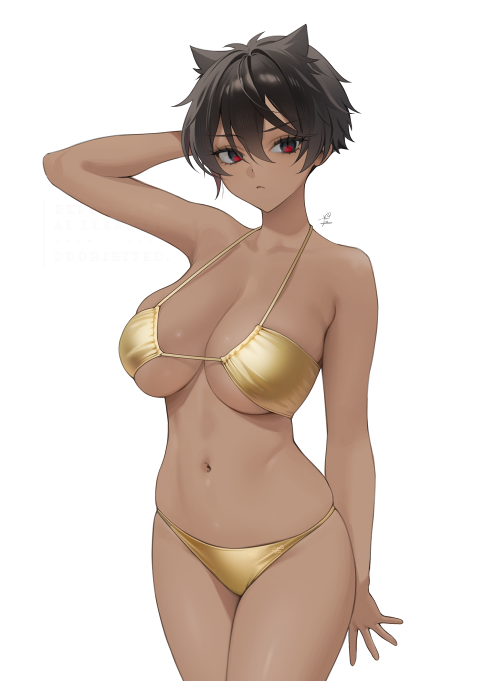 1girl arm_up bare_shoulders bikini black_hair breasts closed_mouth commentary dark-skinned_female dark_skin gold_bikini groin highres large_breasts looking_at_viewer micchan_(ohisashiburi) navel ohisashiburi original red_eyes shiny_swimsuit short_hair simple_background solo standing stomach string_bikini swimsuit white_background