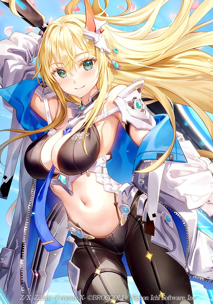1girl between_breasts blonde_hair breasts fujima_takuya green_eyes hair_ornament jacket long_hair looking_at_viewer medium_breasts midriff navel open_clothes open_jacket rigel_(z/x) smile solo white_jacket z/x