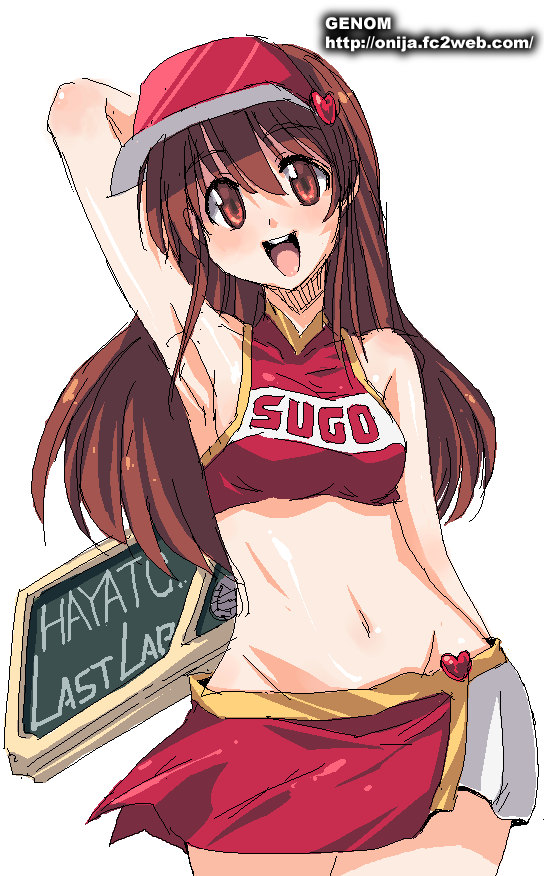 1990s_(style) 1girl arm_behind_head armpits brown_eyes brown_hair character_name clothes_writing cowboy_shot cyberformula female_focus future_gpx_cyber_formula happy looking_at_viewer microskirt midriff oekaki onija_tarou race_queen retro_artstyle sign skirt smile solo standing sugou_asuka visor_cap