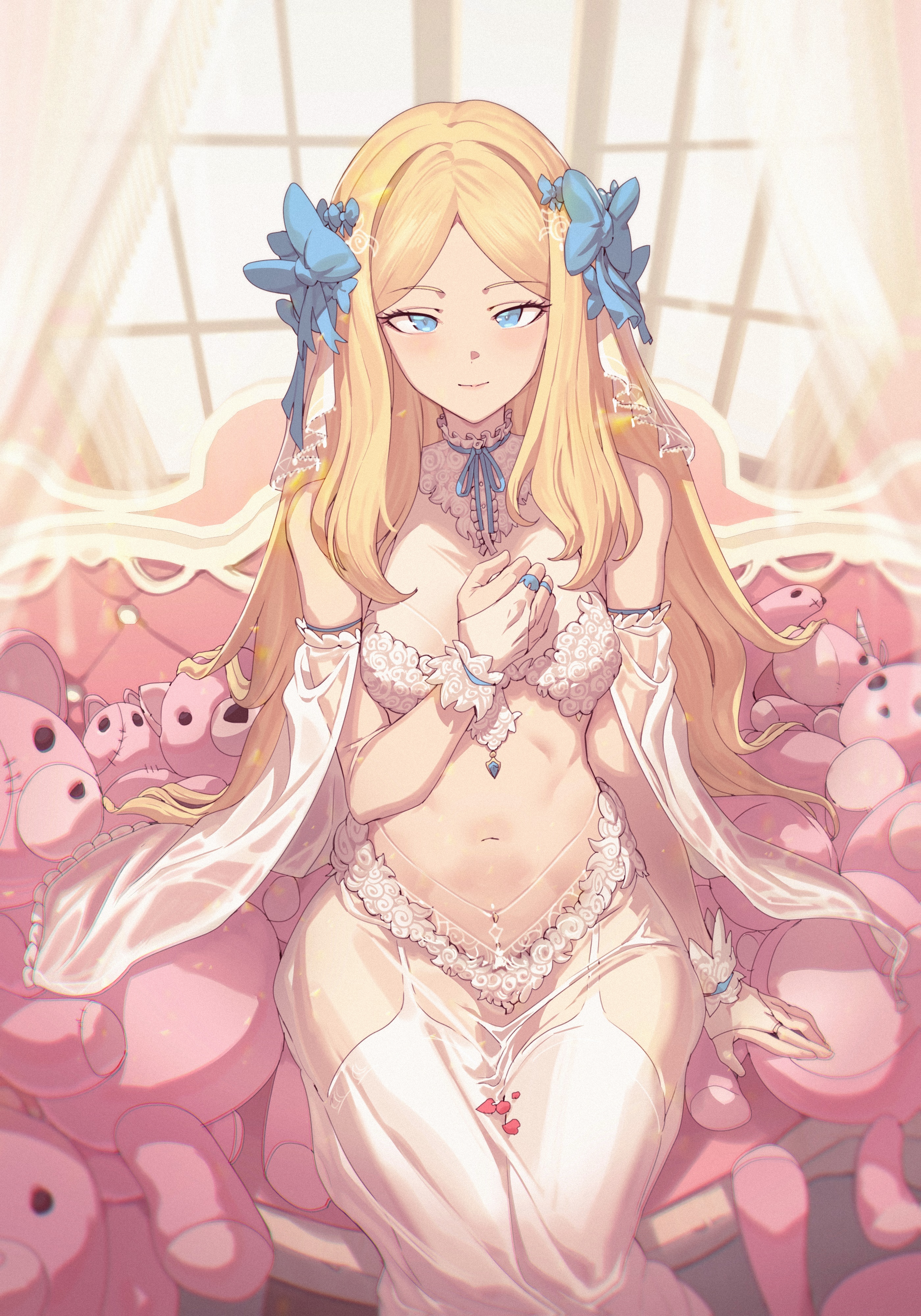 1girl absurdres bare_shoulders blonde_hair blue_bow blue_eyes blue_ribbon blush bow bra breasts cover cover_page detached_sleeves forehead garter_straps hair_bow highres indoors jin_rou long_hair looking_at_viewer navel novel_cover original parted_bangs petals ribbon see-through_clothes sitting small_breasts smile solo stuffed_animal stuffed_toy teddy_bear thighs underwear very_long_hair window
