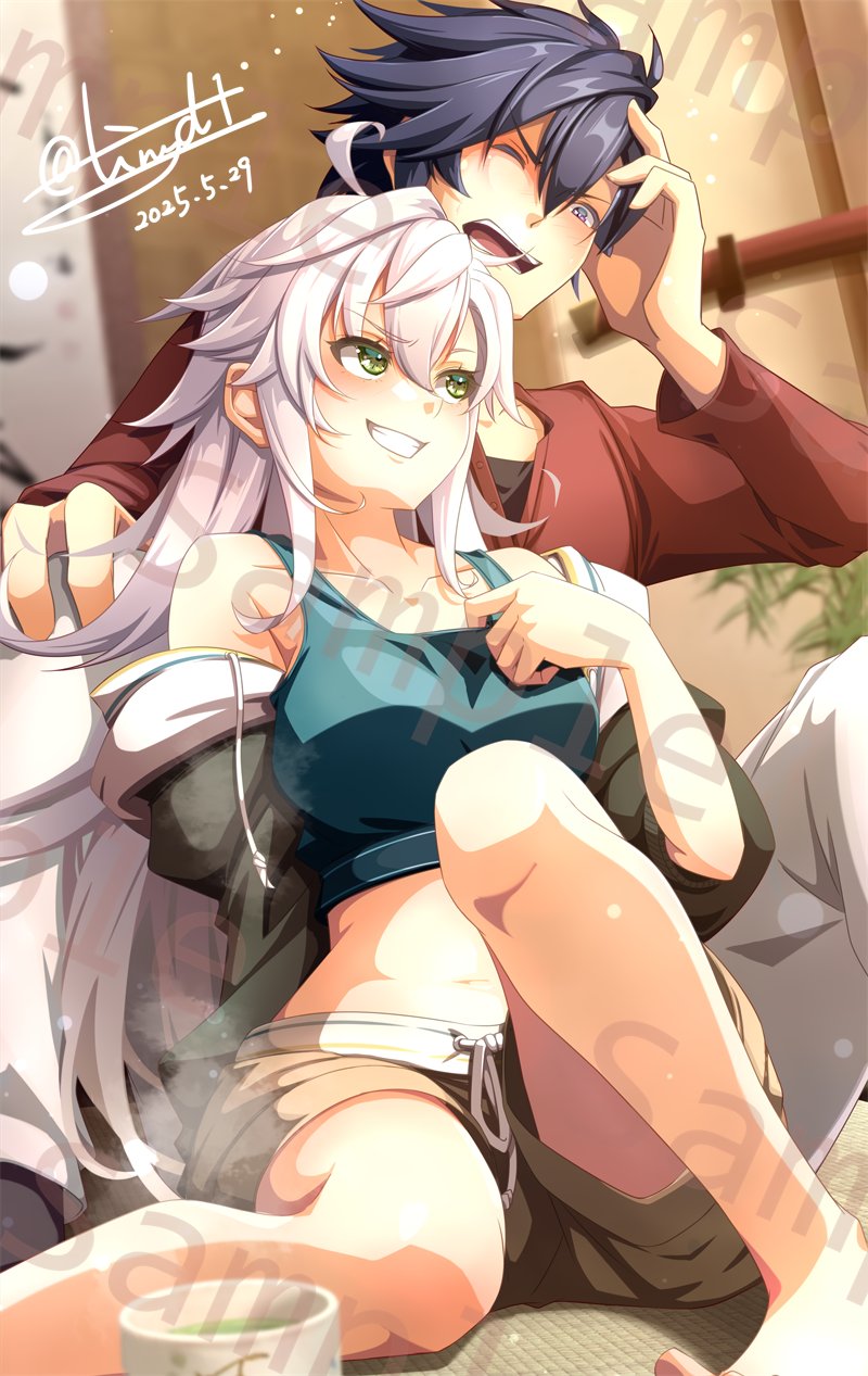 1boy 1girl bare_shoulders black_hair breasts commission crop_top cup dated denim denim_shorts double-parted_bangs eiyuu_densetsu fie_claussell green_eyes grin hair_between_eyes highres kai_no_kiseki kuro_no_kiseki_(series) medium_breasts midriff navel one_eye_closed open_mouth purple_eyes rean_schwarzer sample_watermark short_hair shorts sidelocks signature sitting skeb_commission smile tinybiard twitter_username watermark white_hair
