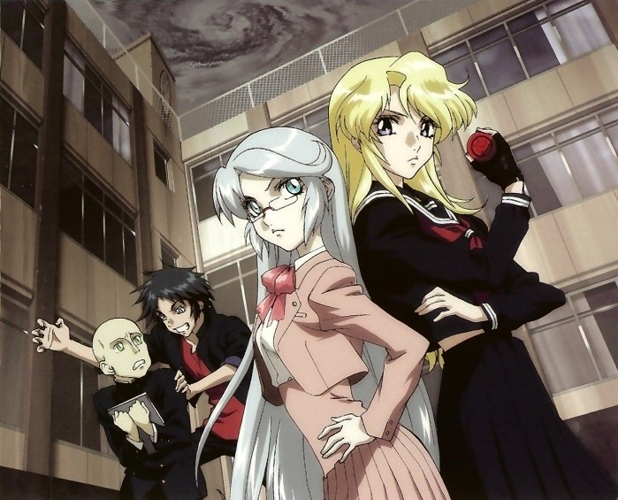 00s 2boys 2girls age_(heroic_age) alternate_costume blonde_hair character_age contemporary deianeira glasses heroic_age mehitaka_bore multiple_boys multiple_girls official_art school school_uniform serafuku yuti_ra yutii_ra