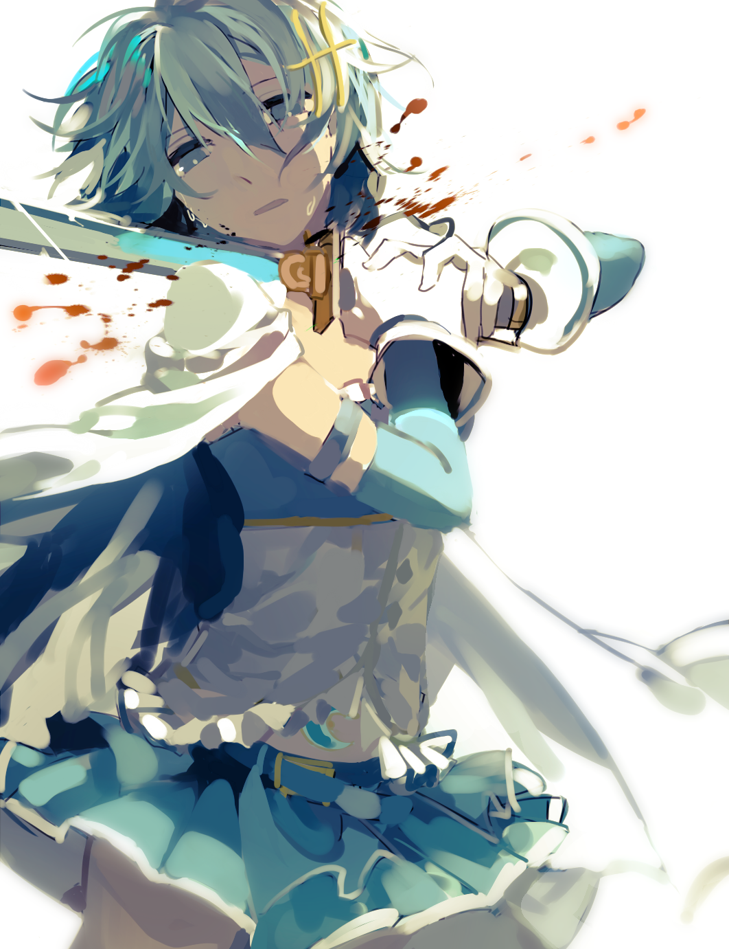 10s 1girl armband belt blood blue_eyes blue_hair cape female_focus fortissimo gloves hair_ornament hairclip highres magical_girl mahou_shoujo_madoka_magica mahou_shoujo_madoka_magica_(anime) mahou_shoujo_madoka_magica_movie_1_&amp;_2 matching_hair/eyes miki_sayaka miki_sayaka_(magical_girl) musical_note musical_note_hair_ornament short_hair skirt solo soul_gem sword tears weapon zgxuke