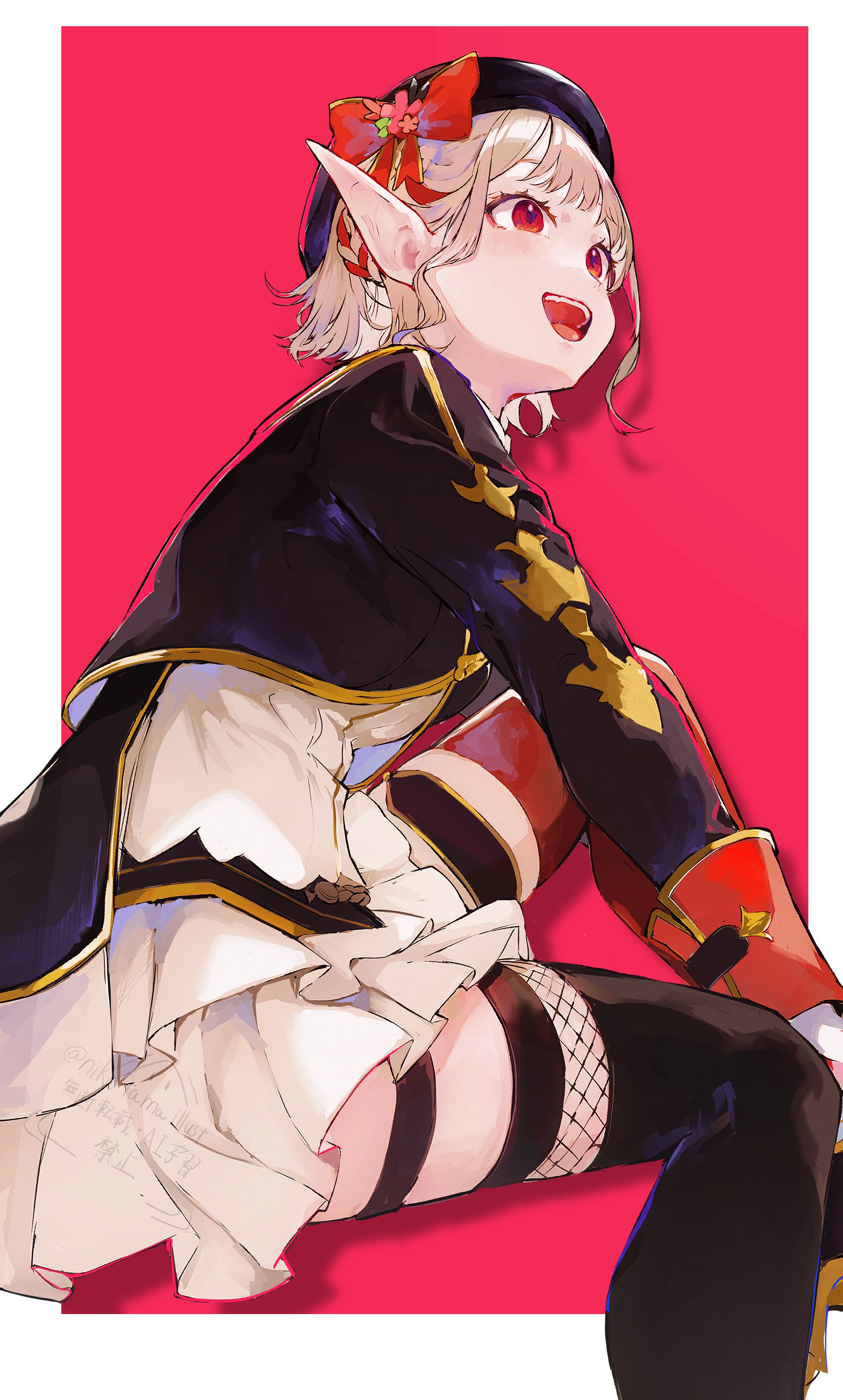 1girl absurdres beret black_hat black_jacket black_thighhighs border bow braid cropped_jacket elu_(nijisanji) feet_out_of_frame frilled_skirt frills from_below from_side gold_trim grey_hair hand_on_own_knee hashtag-only_commentary hat hat_bow highres jacket knee_up long_sleeves looking_to_the_side miniskirt mismatched_thighhighs multicolored_hair nashimisaki_futakotamagawa nijisanji nijisanji_idol_uniform open_mouth outside_border pink_background pointy_ears red_bow red_eyes red_hair red_thighhighs shirt short_hair sitting skirt sleeve_cuffs smile solo teeth thigh_strap thighhighs twitter_username two-tone_hair upper_teeth_only virtual_youtuber watermark white_border white_shirt white_skirt