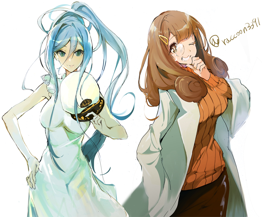 10s 2girls aoki_hagane_no_arpeggio bad_id bad_pixiv_id blue_eyes blue_hair brown_eyes brown_hair grin hair_between_eyes hand_fan hand_on_own_hip hat holding holding_unworn_clothes holding_unworn_hat hyuuga_(aoki_hagane_no_arpeggio) long_hair monocle multiple_girls naye one_eye_closed orange_shirt ponytail ribbed_sweater shirt smile sweater takao_(aoki_hagane_no_arpeggio) twitter_username unworn_hat unworn_headwear very_long_hair