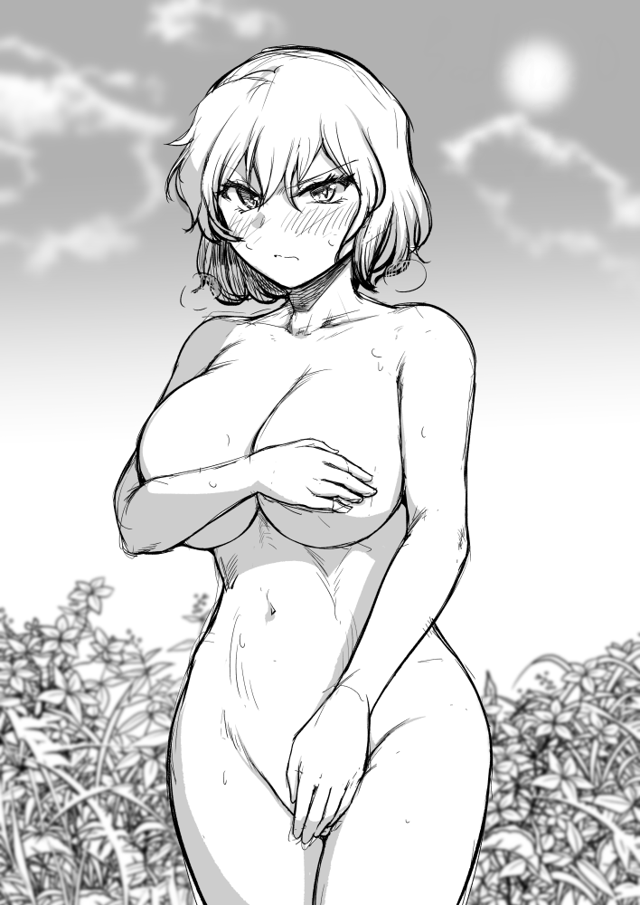 1girl blush breasts cleavage closed_mouth cloud commentary_request completely_nude covering_breasts covering_crotch covering_privates cowboy_shot day embarrassed flower frown greyscale kazami_yuuka large_breasts looking_at_viewer monochrome navel nude outdoors sadahiro_(chicken_nugget_gyuuniku_aji) short_hair sketch solo sun touhou v-shaped_eyebrows