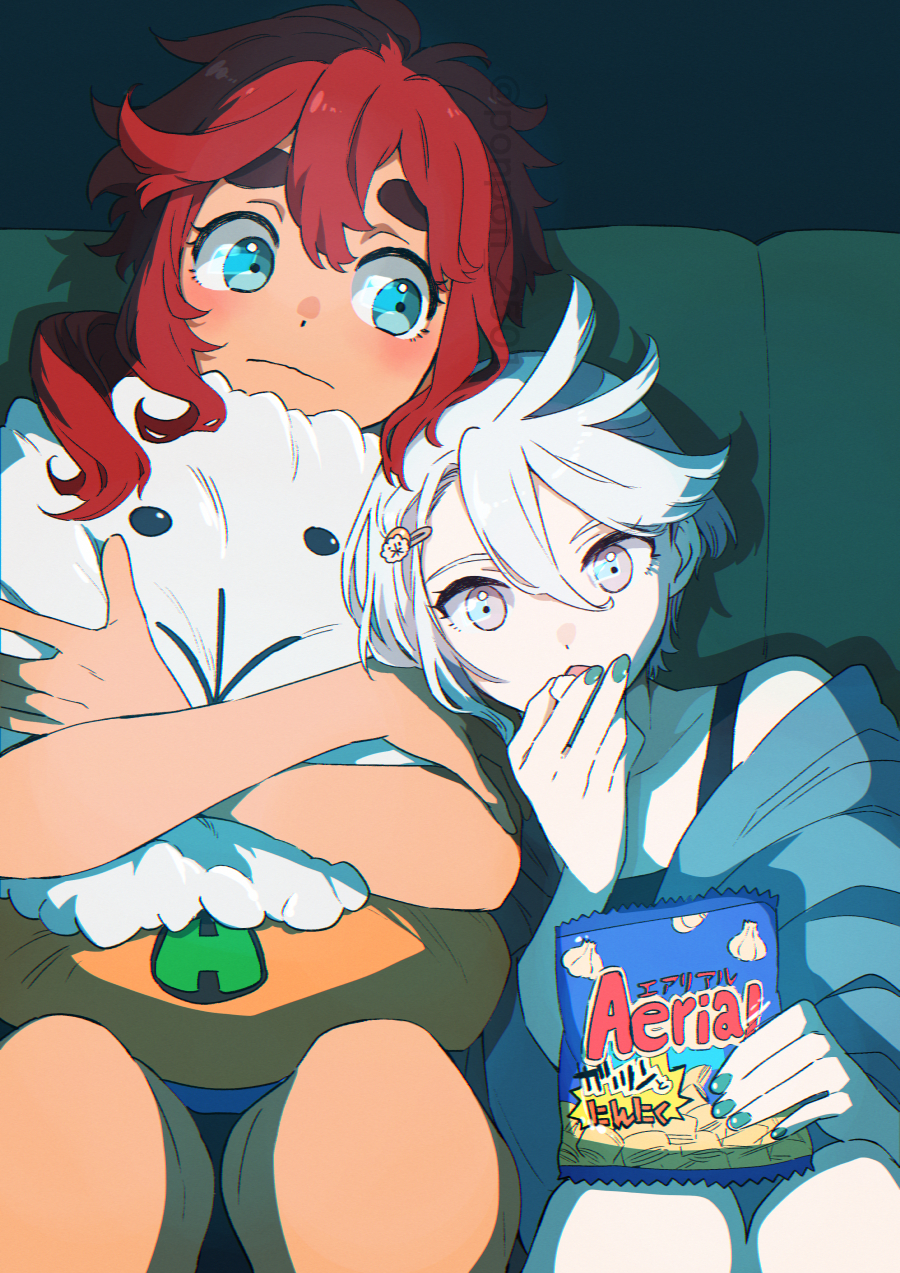 2girls aerial_(food) bag_of_chips black_background black_camisole blue_eyes blue_jacket blue_nails blush camisole chips_(food) closed_mouth collarbone couch dark-skinned_female dark_skin dot_nose eating eye_reflection food grey_eyebrows grey_eyes grey_hair gundam gundam_suisei_no_majo hair_between_eyes hair_ornament hairclip highres holding hots_(gundam_suisei_no_majo) indoors jacket leaning_on_person long_hair looking_ahead looking_at_another miorine_rembran motoyama_torazirou multiple_girls off_shoulder on_couch open_mouth red_hair reflection shadow short_hair sitting stuffed_toy suletta_mercury thick_eyebrows twitter_username watching_television watermark yuri
