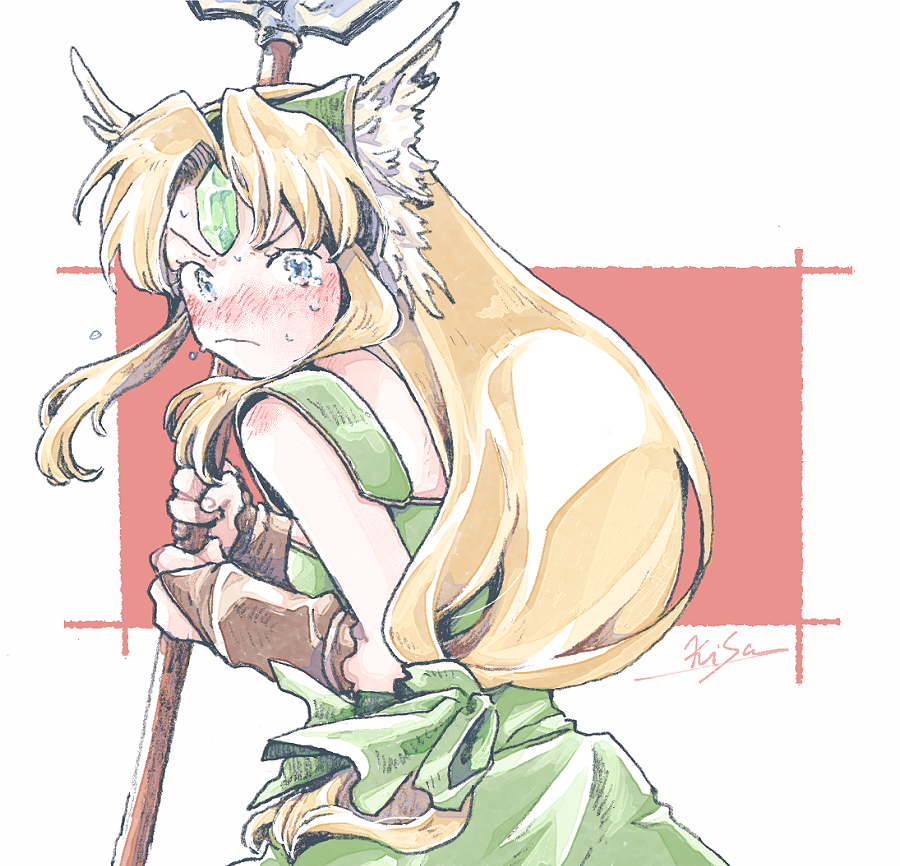 bare_shoulders blonde_hair blue_eyes blush border breasts bridal_gauntlets dress forehead_jewel furrowed_brow green_dress green_ribbon hair_ribbon helmet holding holding_polearm holding_weapon long_hair looking_at_viewer low-tied_long_hair medium_breasts michibata_65 parted_bangs polearm red_background ribbon riesz seiken_densetsu seiken_densetsu_3 sidelocks sleeveless sleeveless_dress sweat tears upper_body weapon white_border winged_helmet