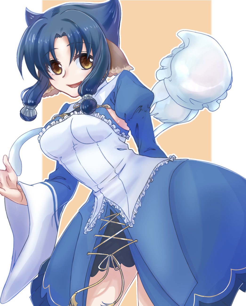 1girl animal_ears aquaplus atuy blue_hair breasts cleavage cleavage_cutout clothing_cutout cowboy_shot dress frilled_dress frills from_side highres jellyfish kurarin_(utawarerumono) leaning_forward long_sleeves looking_at_viewer medium_breasts open_mouth parted_bangs puffy_sleeves raised_eyebrows short_hair_with_long_locks sideboob sidelocks standing thighs utawarerumono utawarerumono:_itsuwari_no_kamen utawarerumono:_lost_flag wide_sleeves yellow_eyes yuri000