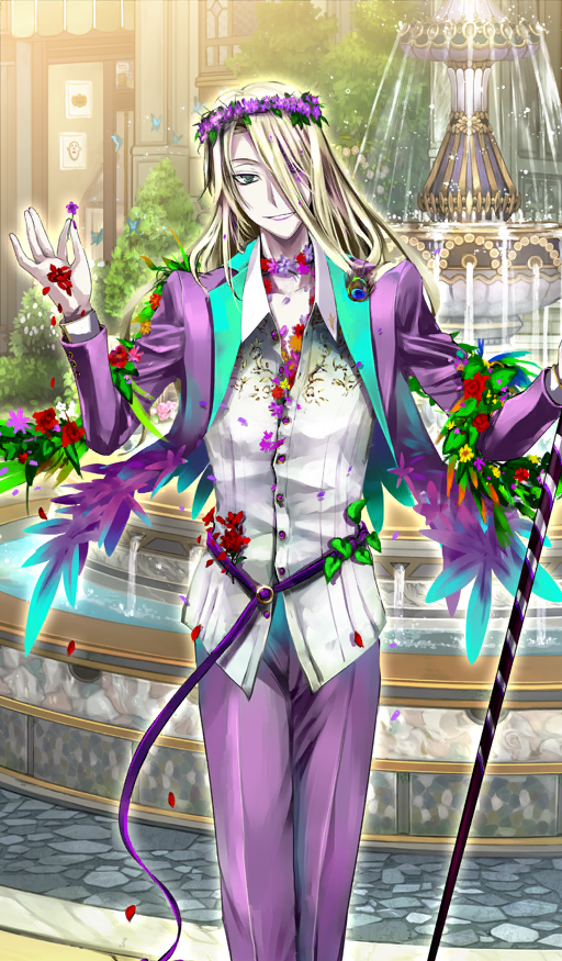 1boy belt blonde_hair blue_eyes bug building butterfly buttons cane collarbone collared_shirt colored_lapels commentary day dress_pants fate/grand_order fate_(series) feet_out_of_frame floating_clothes flower flower_necklace fountain hair_over_one_eye hands_up head_wreath heterochromia holding holding_cane holding_flower holding_wreath insect jacket jewelry lapel_pin leaf long_belt long_hair long_sleeves looking_at_viewer male_focus neck_flower necklace official_art outdoors pants parted_lips partially_unbuttoned petals pfalz pink_flower purple_belt purple_eyes purple_flower purple_jacket purple_pants red_flower shirt smile solo standing suit_jacket sunlight teeth third-party_source unbuttoned unbuttoned_shirt water white_shirt wolfgang_amadeus_mozart_(fate) wolfgang_amadeus_mozart_(traveling_outfit)_(fate)