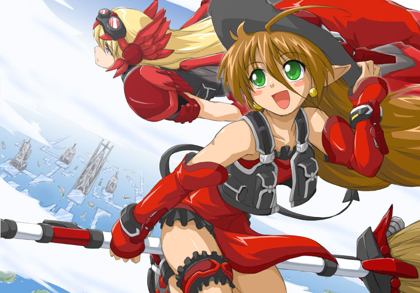 2girls :d ahoge banpresto bioroid_hei blonde_hair blush_stickers broom broom_riding cloud day demon_tail dress earrings goggles goggles_on_head hand_on_headwear hat henne_valkyrja jewelry kyon_feulion multiple_girls open_mouth pointy_ears purple_eyes red_eyes sidesaddle sky smile super_robot_wars super_robot_wars_og_saga_mugen_no_frontier tail wings witch_hat