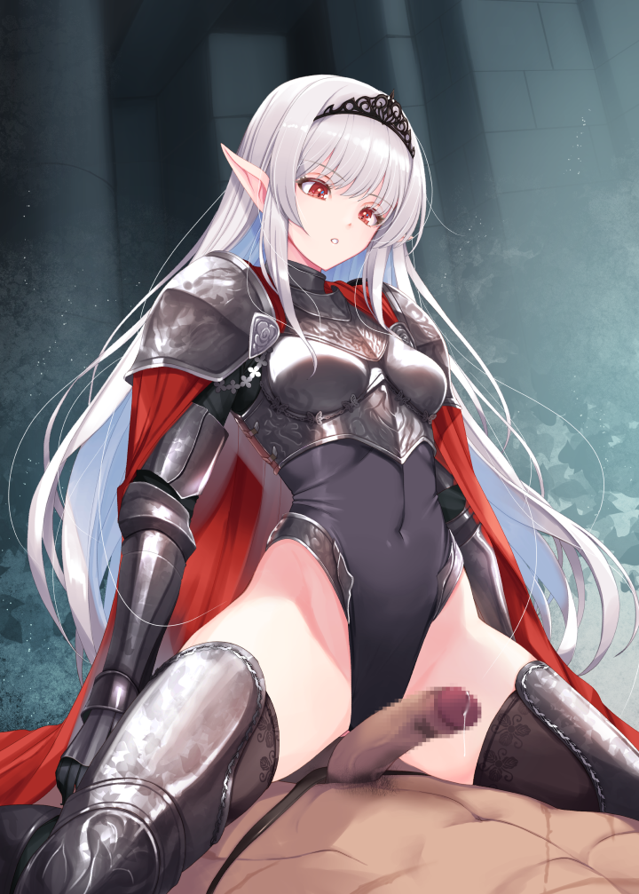 1boy 1girl :o abs armor black_leotard black_thighhighs black_tiara breastplate breasts bright_pupils cape censored commentary_request covered_navel elf erection gauntlets girl_on_top gluteal_fold grey_hair hair_between_eyes highleg highleg_leotard kirishima_satoshi leg_armor leotard leotard_under_clothes long_hair looking_at_viewer medium_breasts original parted_lips pauldrons pointy_ears precum red_cape red_eyes scar scar_on_chest shoulder_armor shoulder_plates solo_focus spread_legs straddling thigh_armor thighhighs thighs tiara very_long_hair white_pupils