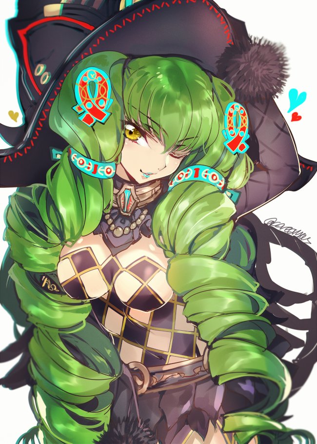 1girl ;) aqua_lips argyle_clothes argyle_cutout argyle_legwear breasts c.c. clothing_cutout code_geass cosplay covered_navel creayus drill_hair female_focus fiore_brunelli fiore_brunelli_(cosplay) fiore_burnelli_(cosplay) green_hair hat heart lipstick long_hair looking_at_viewer makeup medium_breasts one_eye_closed simple_background smile solo star_ocean star_ocean_integrity_and_faithlessness twin_drills twitter_username white_background yellow_eyes
