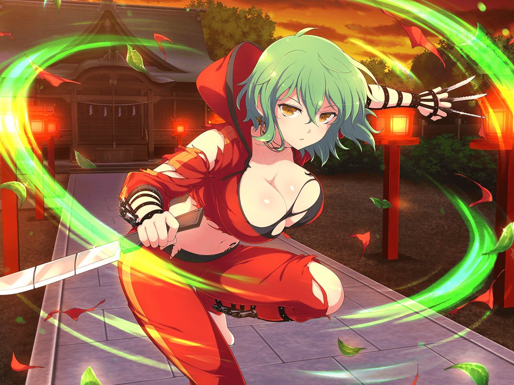 1girl architecture between_fingers breast_tattoo breasts building cleavage collarbone combat_knife east_asian_architecture energy forest green_hair hikage_(senran_kagura) hip_tattoo holding holding_knife holding_weapon hood hooded_jacket jacket knife lantern large_breasts looking_at_viewer motion_lines multiple_wielding nature navel official_alternate_costume official_art pants plant reverse_grip rope senran_kagura senran_kagura_new_link senran_kagura_shoujo-tachi_no_shin&#039;ei shide shimenawa short_hair shrine slit_pupils snake_tattoo solo stone_walkway tattoo torn_clothes torn_jacket torn_pants torn_sleeves tree weapon white_footwear wooden_lantern yaegashi_nan yellow_eyes