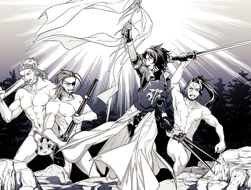4boys abs armor artistic_nudity beard censored character_censor clenched_hand convenient_censoring eugene_(granblue_fantasy) eyepatch closed_eyes facial_hair fine_art_parody granblue_fantasy gun headband jin_(granblue_fantasy) lancelot_(granblue_fantasy) liberty_leading_the_people long_hair looking_at_another male_focus matsuki_tou monochrome multiple_boys muscular mustache novelty_censor nude old old_man parody pectorals rifle rock scar soriz sword vyrn_(granblue_fantasy) weapon