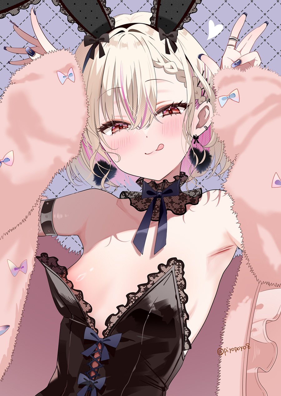 1girl :p animal_ears armpits bare_shoulders black_leotard blonde_hair bow bowtie braid breasts character_request colored_inner_hair detached_collar earrings fake_animal_ears fur_jacket heart highres jacket jewelry leotard multicolored_hair pink_hair piyopoyo playboy_bunny rabbit_ears rabbit_pose single_braid small_breasts strapless strapless_leotard tongue tongue_out