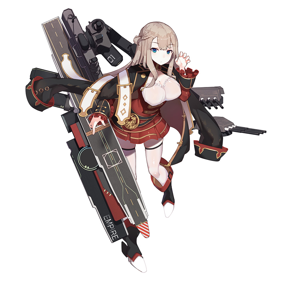 1girl belt blue_eyes boots breasts brown_hair cannon cleavage female_focus flight_deck full_body graphite_(medium) impero_(warship_girls_r) jacket large_breasts long_hair military_jacket official_art paw_pose rain_lan solo thighhighs traditional_media warship_girls_r white_background
