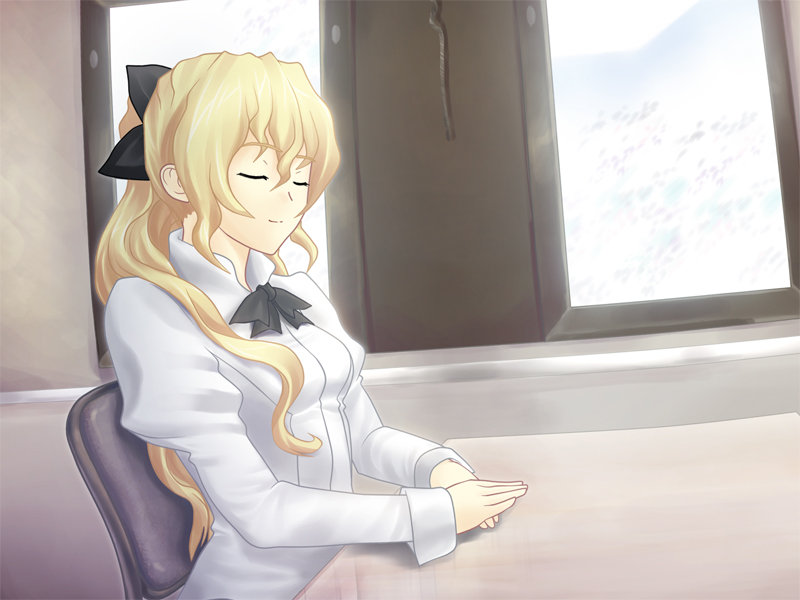 1girl artist_request black_bow blonde_hair bow chair closed_eyes closed_mouth game_cg hair_bow indoors katawa_shoujo long_hair long_sleeves non-web_source official_art ponytail satou_lilly shirt sitting smile solo table upper_body white_shirt window