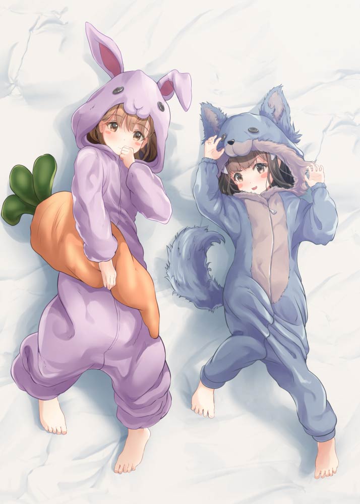 2girls animal_costume animal_ears arms_up barefoot blush brown_eyes brown_hair claw_pose fake_animal_ears fake_tail feet hand_to_own_mouth hood long_hair lying multiple_girls on_back original rabbit_ears short_hair stuffed_carrot tachiinu tail toes wolf_ears