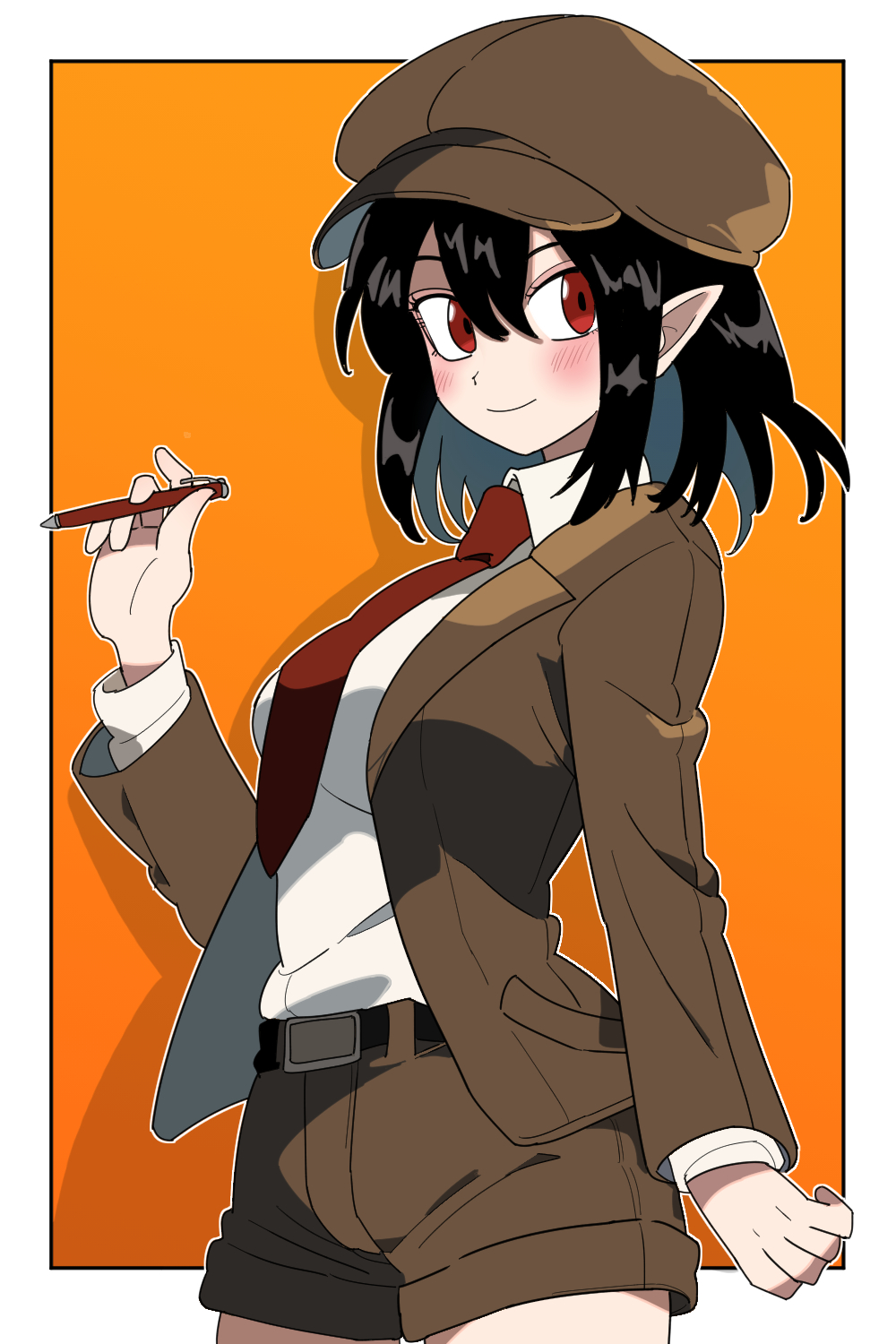 1girl belt black_hair blush bollzzalguy breasts brown_jacket brown_shorts closed_mouth collared_shirt cowboy_shot double-parted_bangs hair_between_eyes hashtag-only_commentary highres holding holding_pen jacket long_sleeves looking_at_viewer medium_breasts necktie orange_background pen pointy_ears red_eyes red_necktie shameimaru_aya shameimaru_aya_(newsboy) shirt short_hair shorts smile solo touhou white_shirt