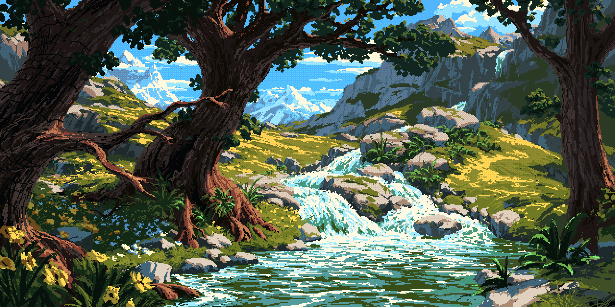 blue_sky cloud day forest grass highres hill landscape mountain mountainous_horizon nature no_humans original outdoors philipp_urlich pixel_art river scenery sky stream tree water