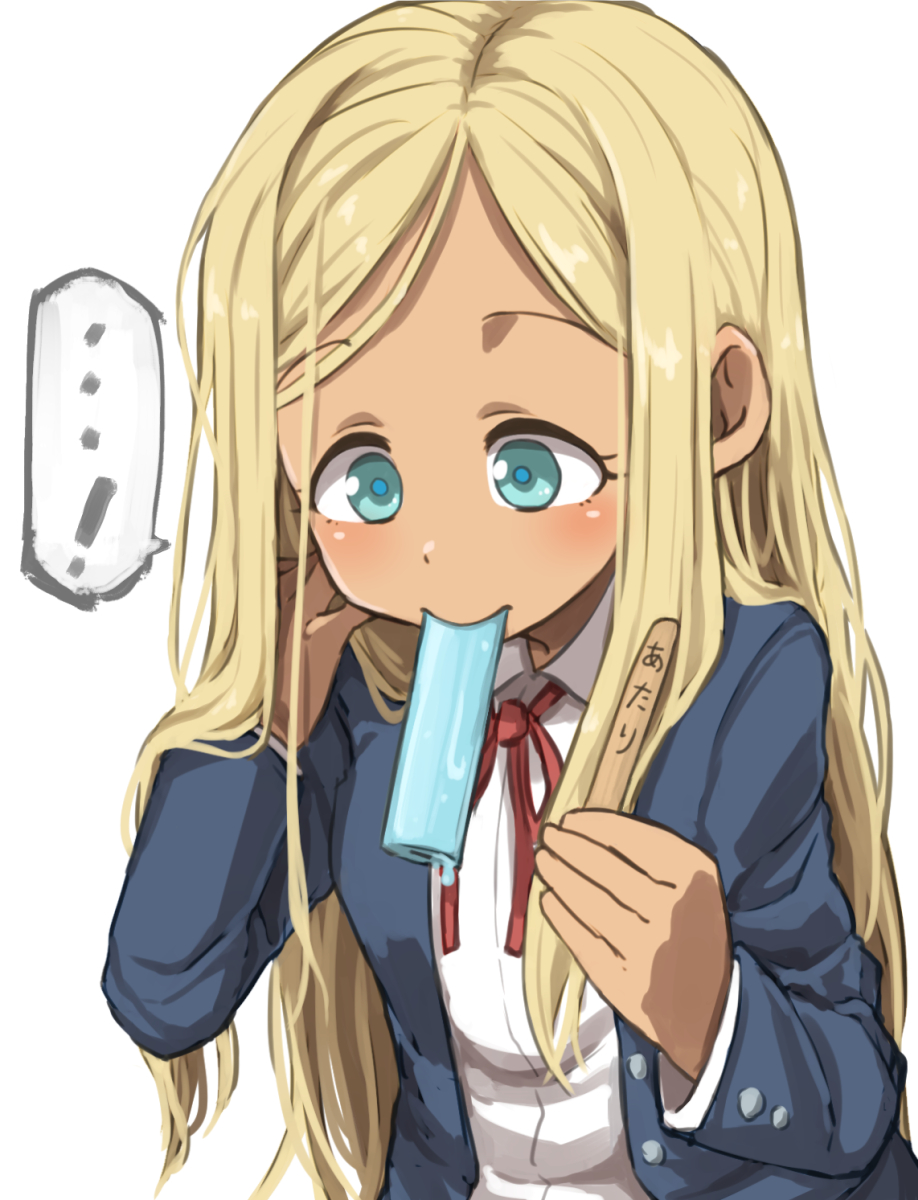 ! ... 1girl blonde_hair blue_eyes clip_studio_paint_(medium) dark-skinned_female dark_skin food food_in_mouth gazacy_(dai) highres idolmaster idolmaster_cinderella_girls jacket layla_(idolmaster) long_hair mouth_hold neck_ribbon open_clothes open_jacket popsicle popsicle_in_mouth popsicle_stick ribbon solo spoken_ellipsis spoken_exclamation_mark upper_body