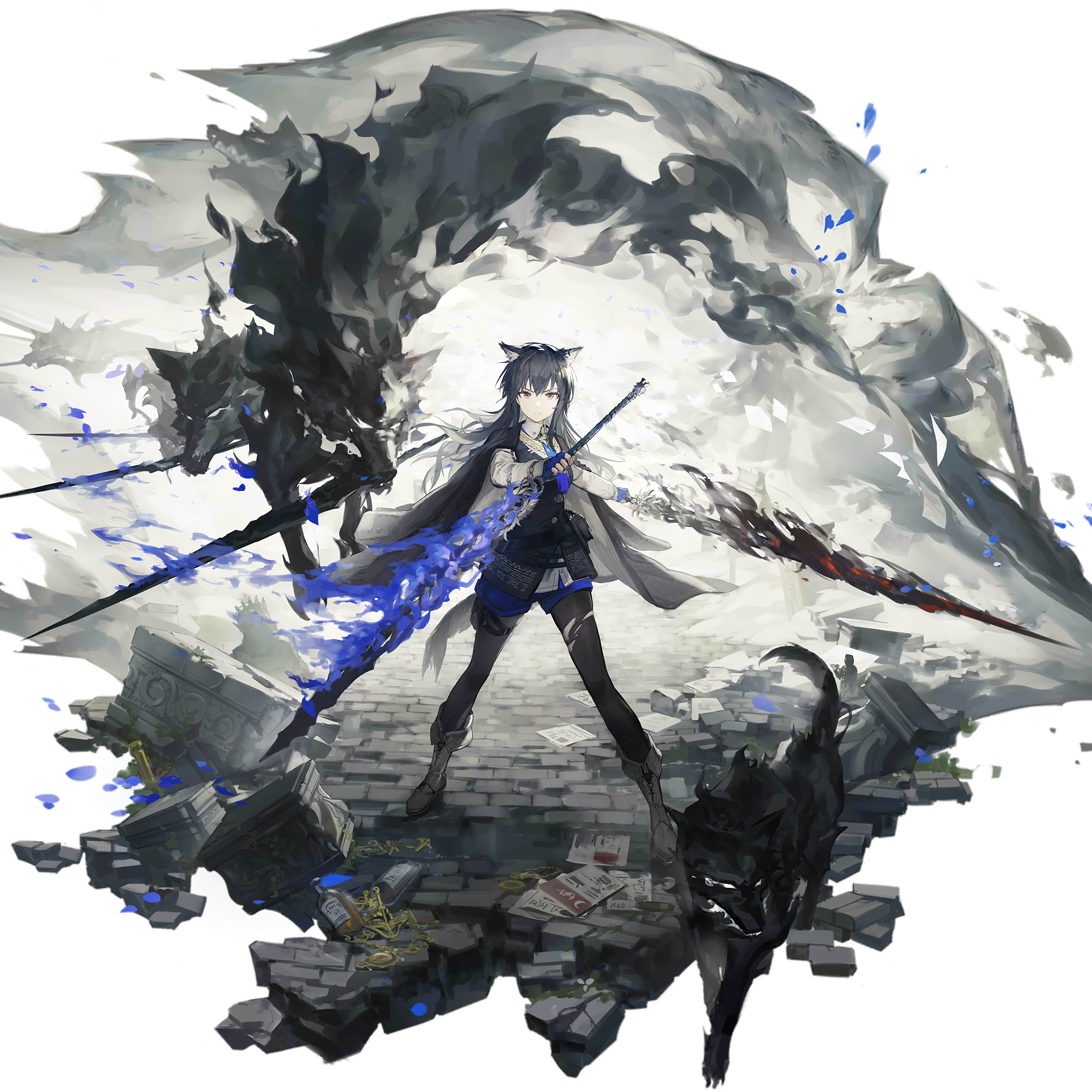 1girl animal_ears arknights black_coat black_hair black_pantyhose black_vest blue_gloves blue_necktie blue_shorts boots breasts coat coat_on_shoulders dual_wielding elite_ii_(arknights) fingerless_gloves full_body gloves highres holding holding_sword holding_weapon huanxiang_heitu long_hair long_sleeves looking_at_viewer medium_breasts necktie official_art orange_eyes pantyhose pantyhose_under_shorts shirt shorts solo standing sword texas_(arknights) texas_the_omertosa_(arknights) thigh_strap torn_clothes torn_pantyhose transparent_background very_long_hair vest weapon white_boots white_shirt wolf_ears