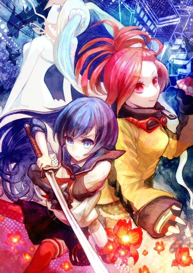 2girls 7th_dragon 7th_dragon_(series) 7th_dragon_2020 alternate_costume bad_id bad_pixiv_id black_hair blue_eyes building destroyer_(7th_dragon_2020) dragon fingerless_gloves floro_(7th_dragon) flower gauntlets gloves goggles hatsune_miku katana multiple_girls nishimura_haru_(7th_dragon) ponytail red_eyes red_hair samurai_(7th_dragon) samurai_(7th_dragon_2020) school_uniform skirt sword ta-to_(sprout) thighhighs tsubaki_kujo twintails vocaloid weapon